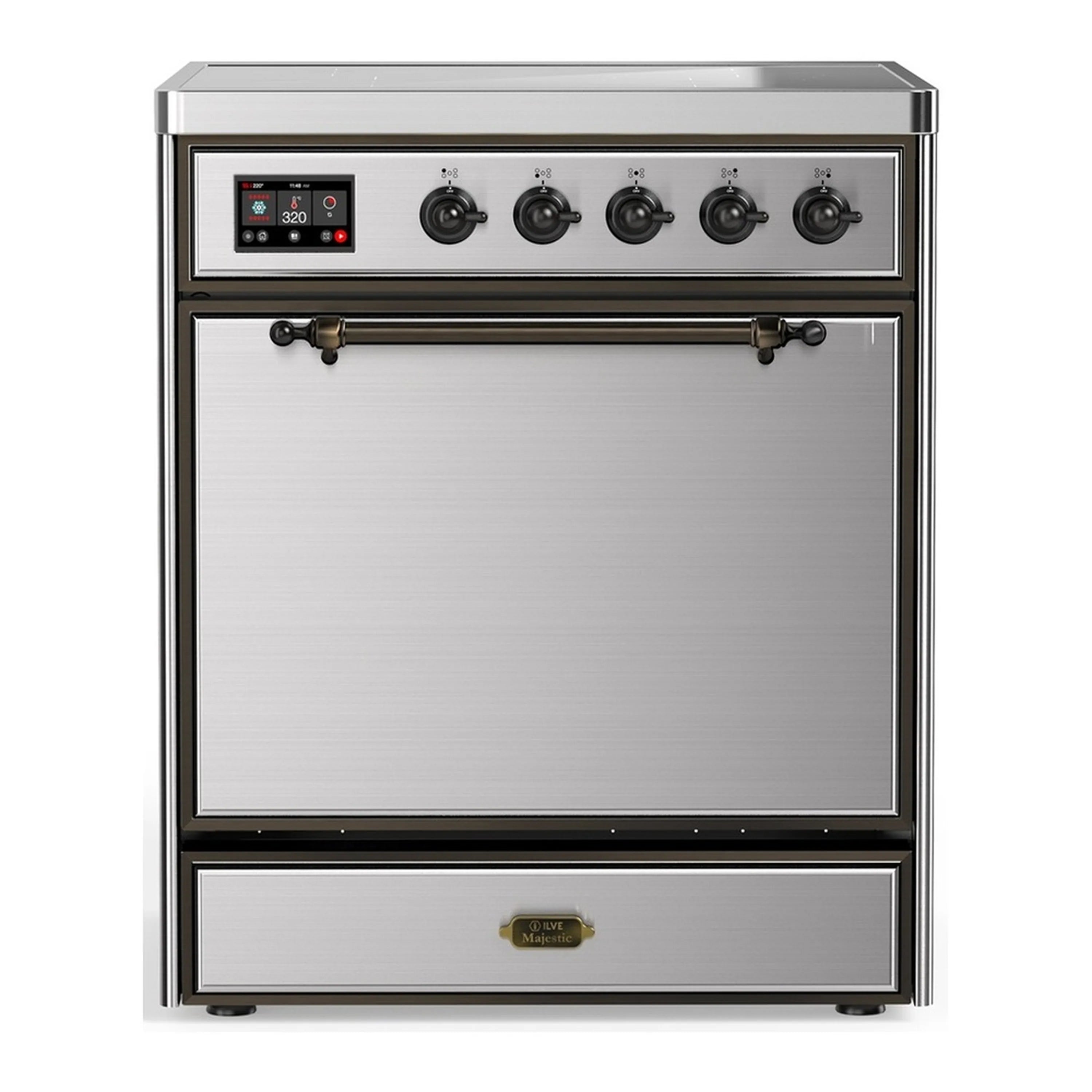 Stainless steel induction range with 4 burners and solid oven door with brass handle