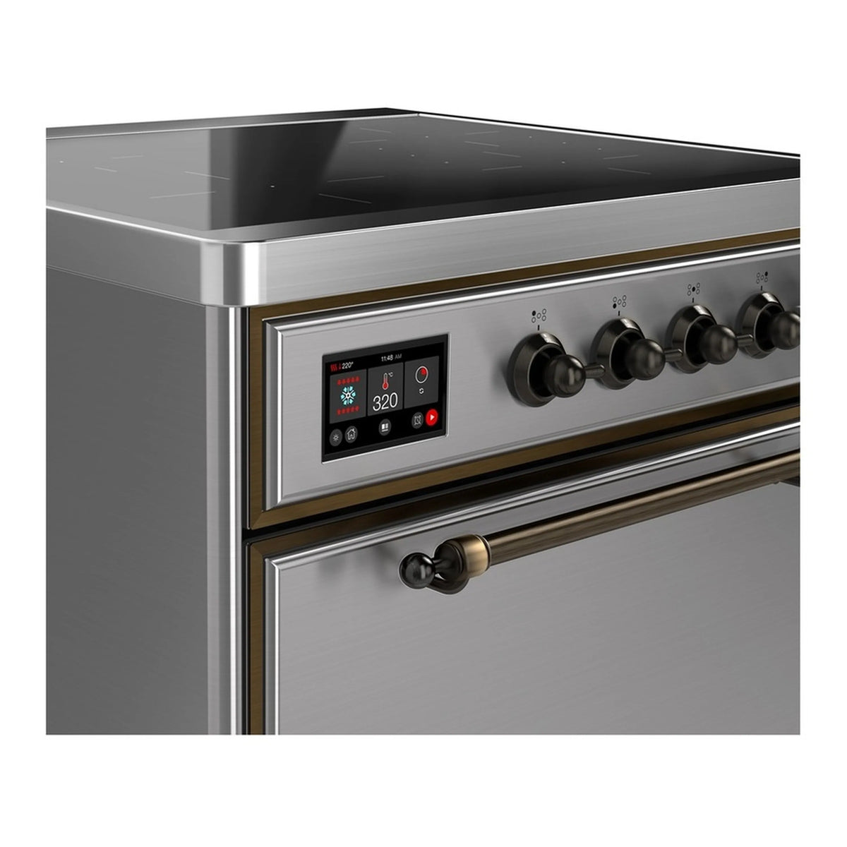 Stainless steel induction range control panel with digital display and brass knob