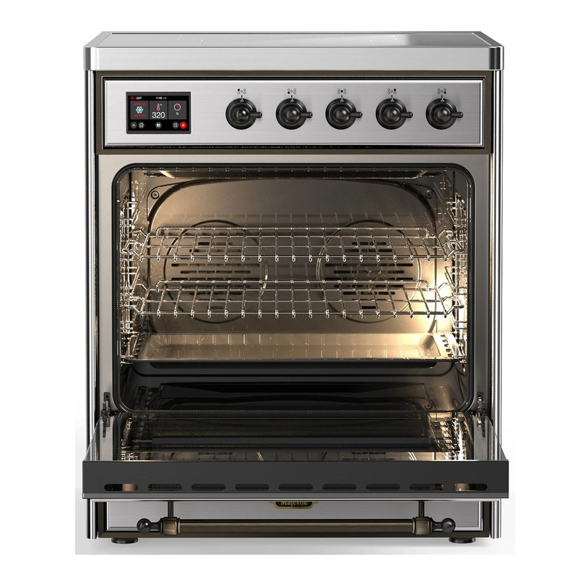 Stainless steel induction range with open electric oven and wire racks inside
