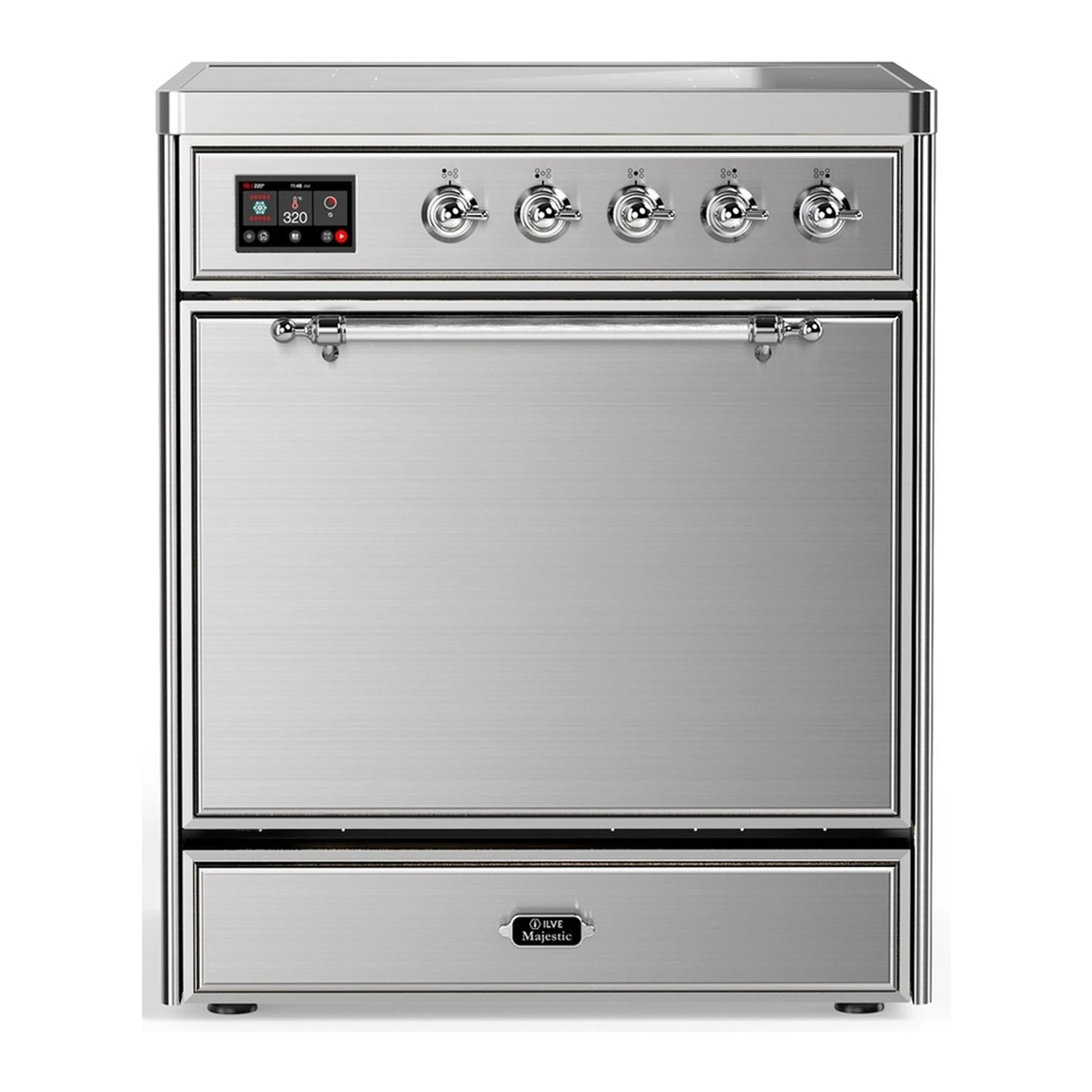Stainless steel induction range with chrome trim, knobs, and solid oven door