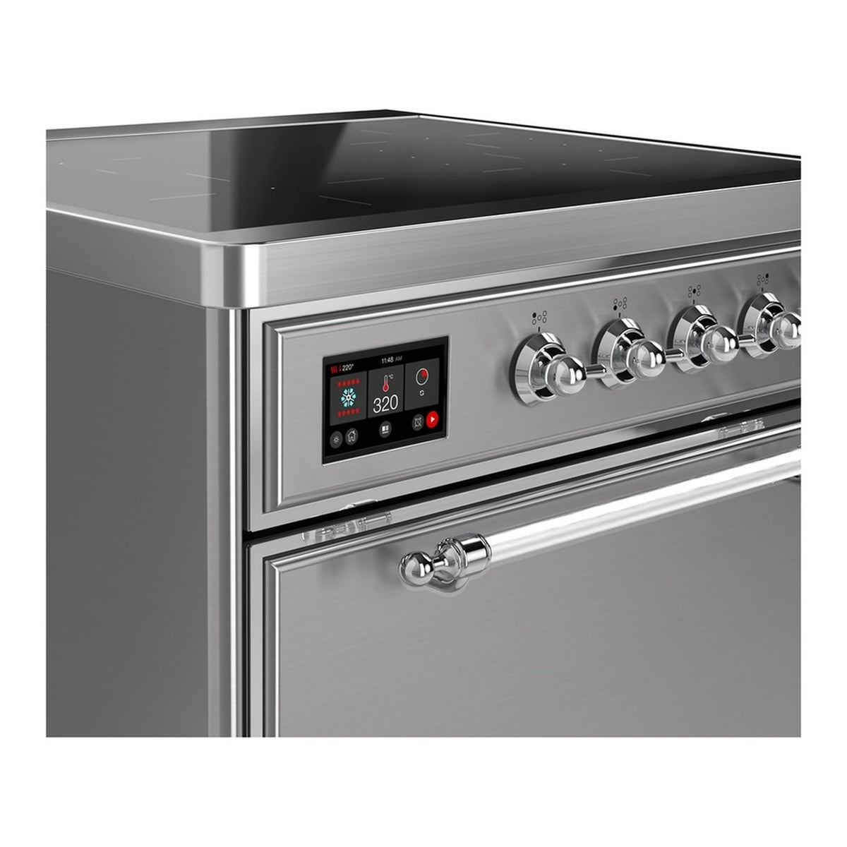 Stainless steel induction range control panel with digital display and chrome knobs