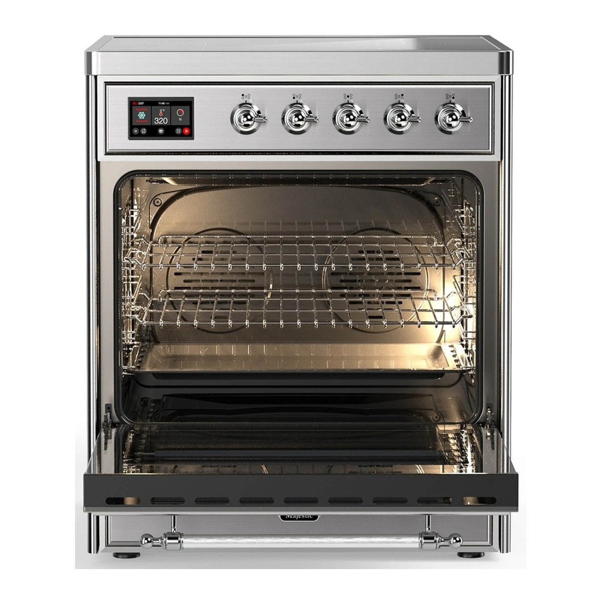 Induction range oven door open showing wire racks and heating interior