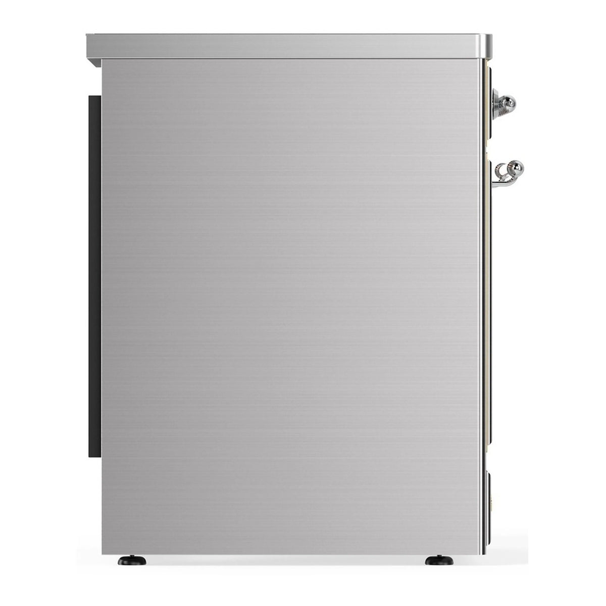 Stainless steel side panel of induction range with handle and black leveling feet
