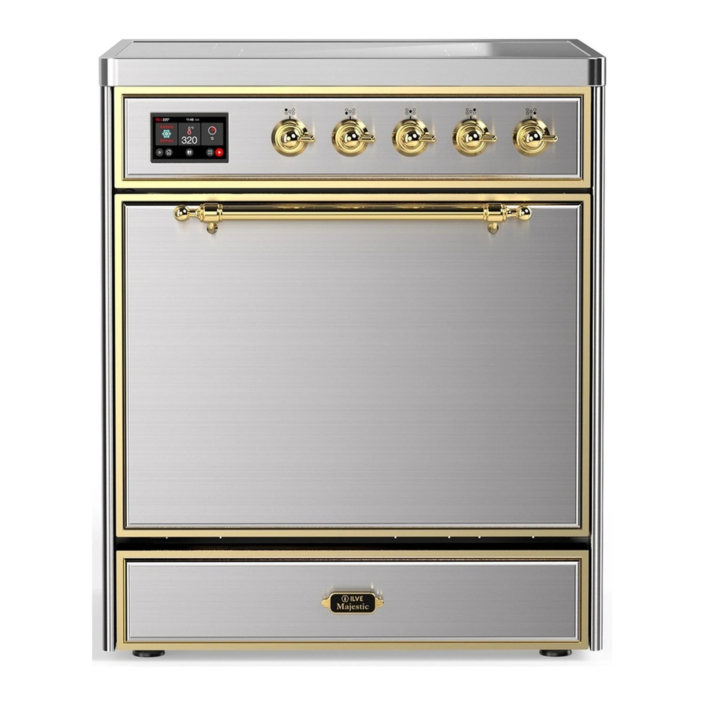 ILVE induction range with stainless steel oven door and brass-trim control panel
