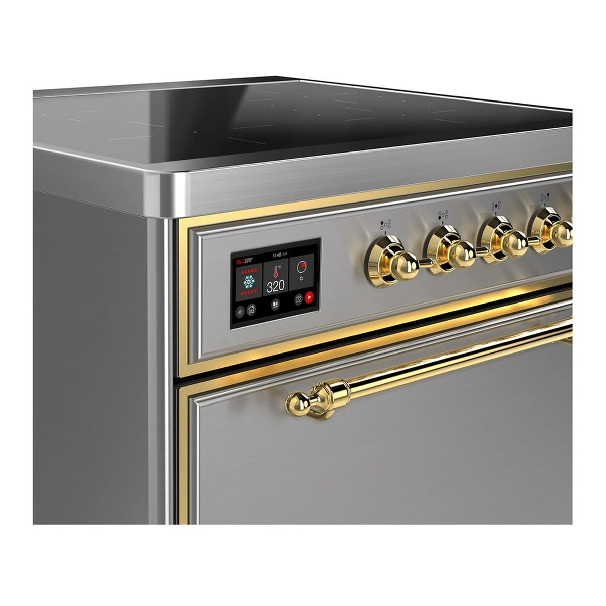 ILVE stainless steel oven control panel with digital display and brass knobs