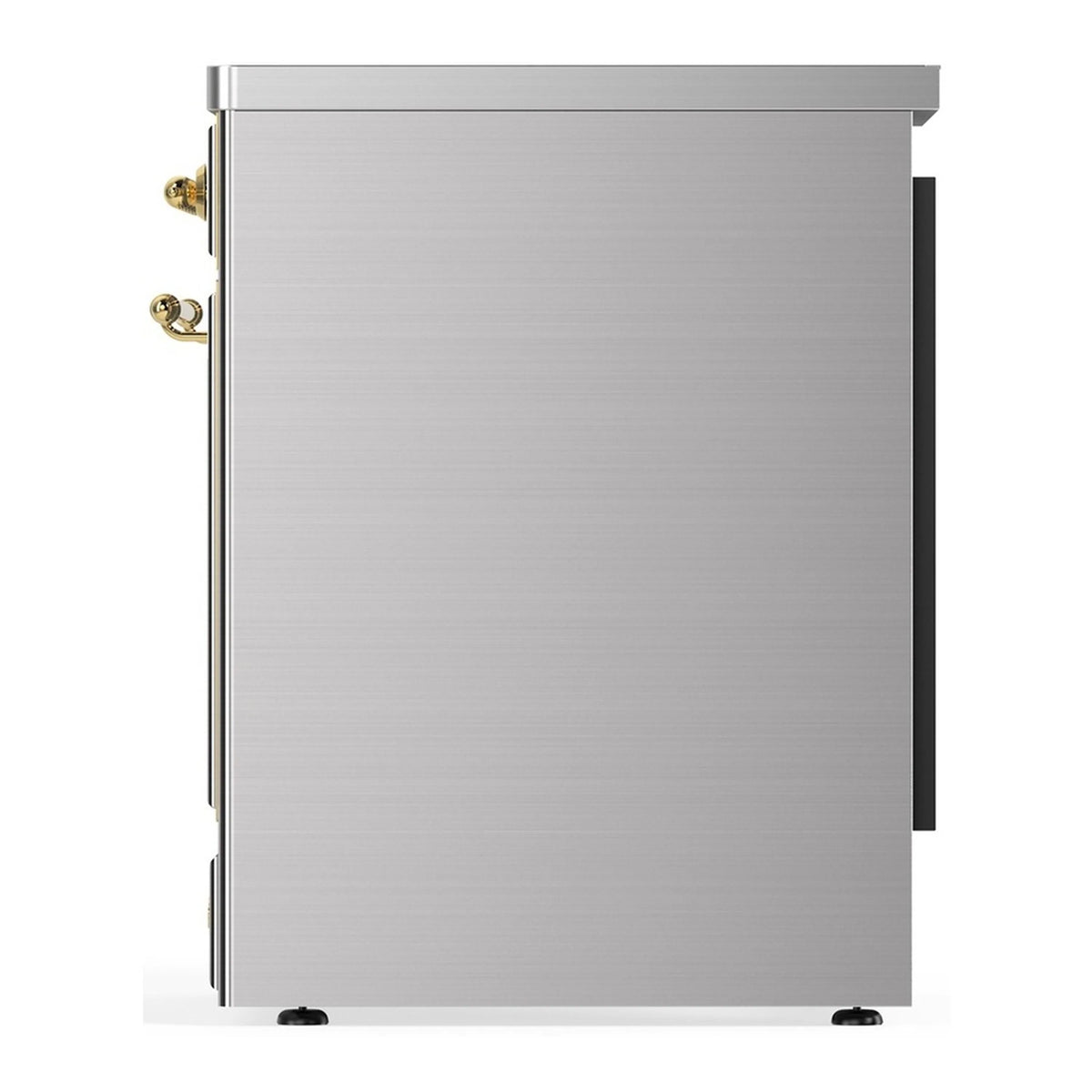ILVE stainless steel oven door with brass handle and trim details