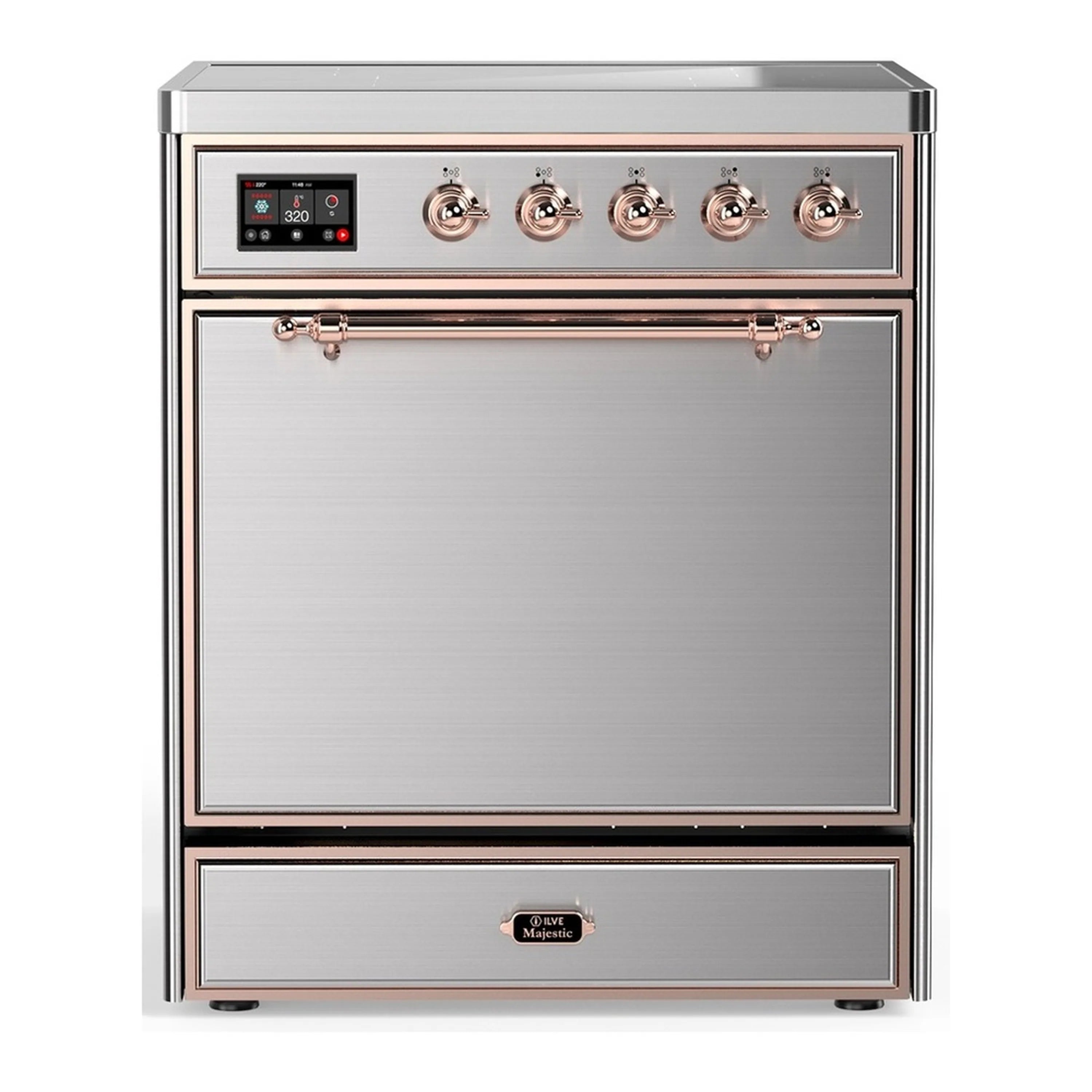 Stainless induction range with solid-door oven, copper-trim knobs and digital display