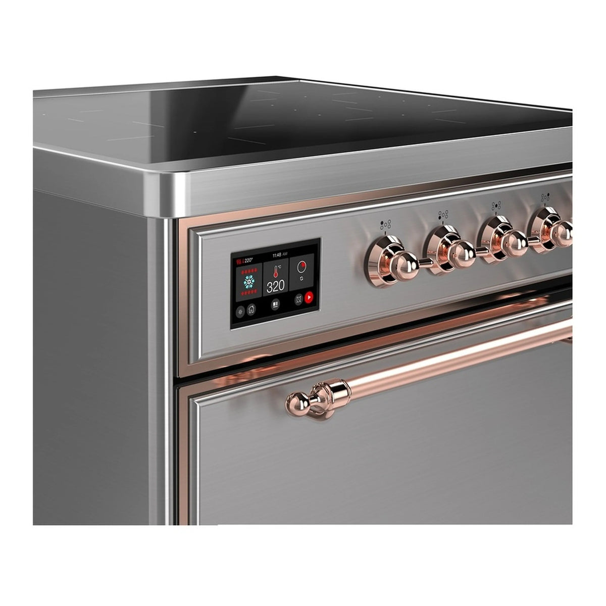 Induction range control panel with digital display and copper-trimmed rotary knobs