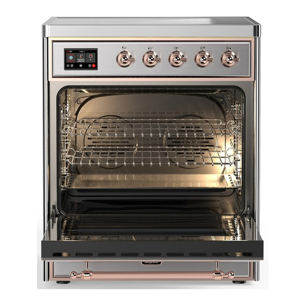 Induction range with open oven door showing wire racks and oven interior light
