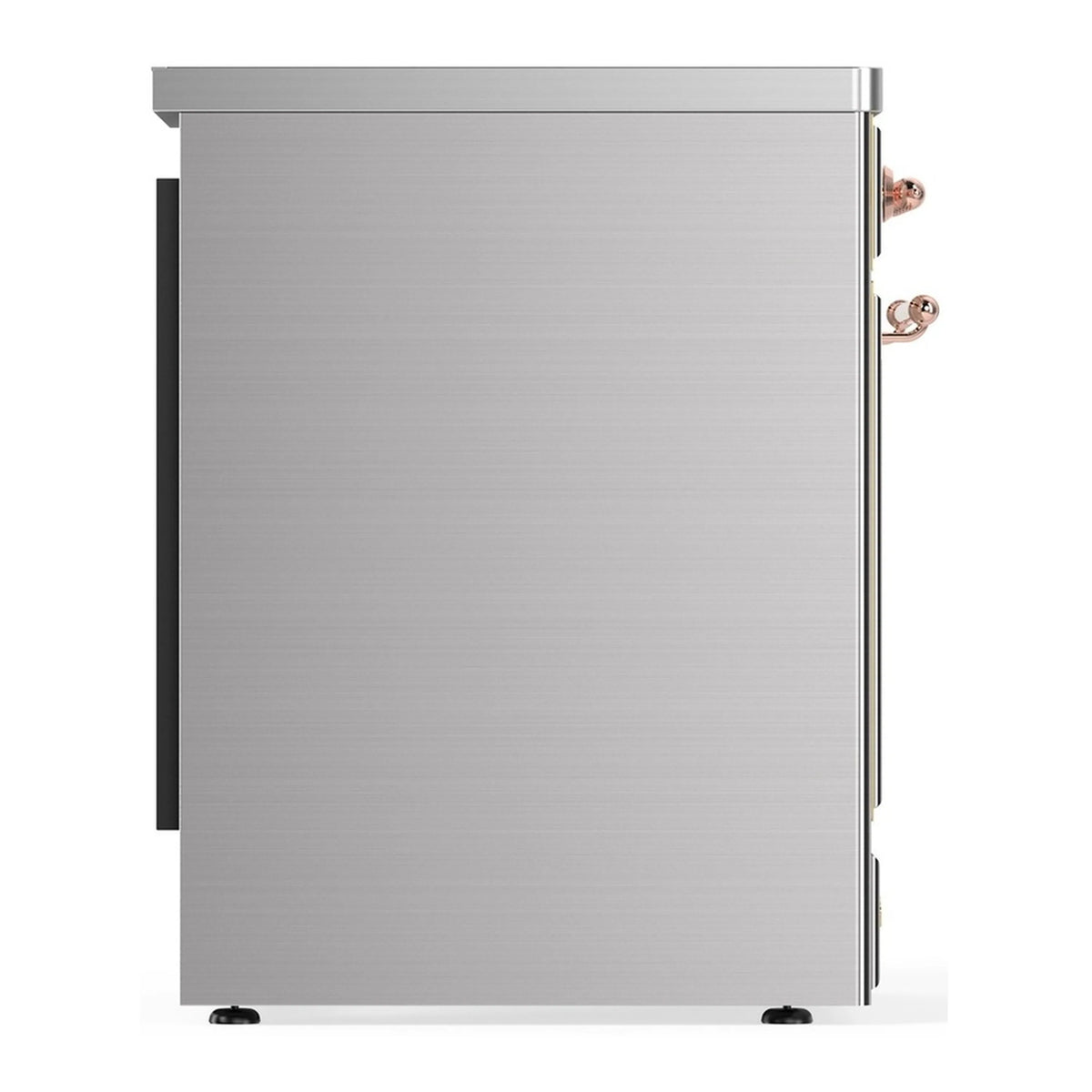 Stainless oven side panel with copper handle details on induction range