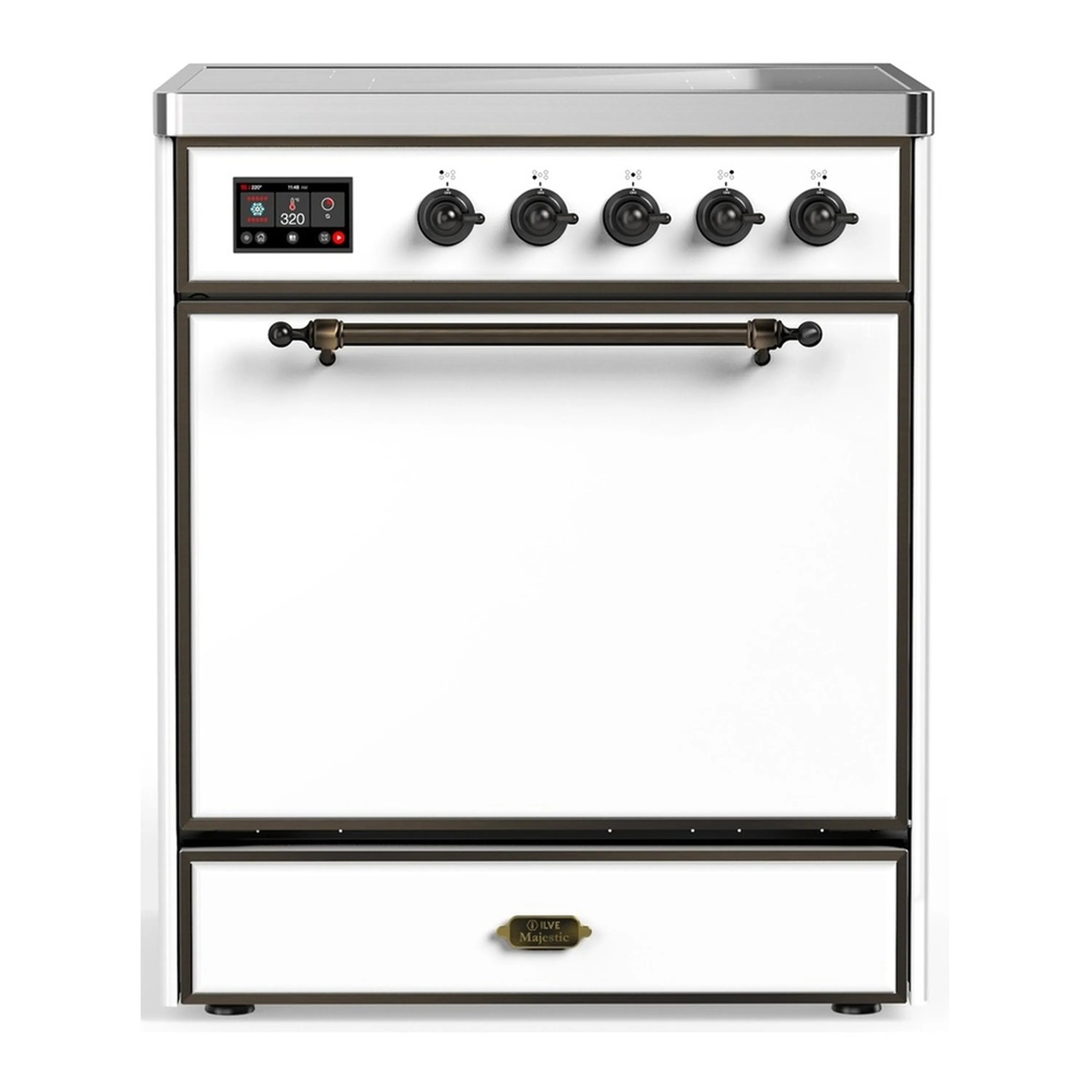 White electric induction range with 4 black cooktop burners and front control panel