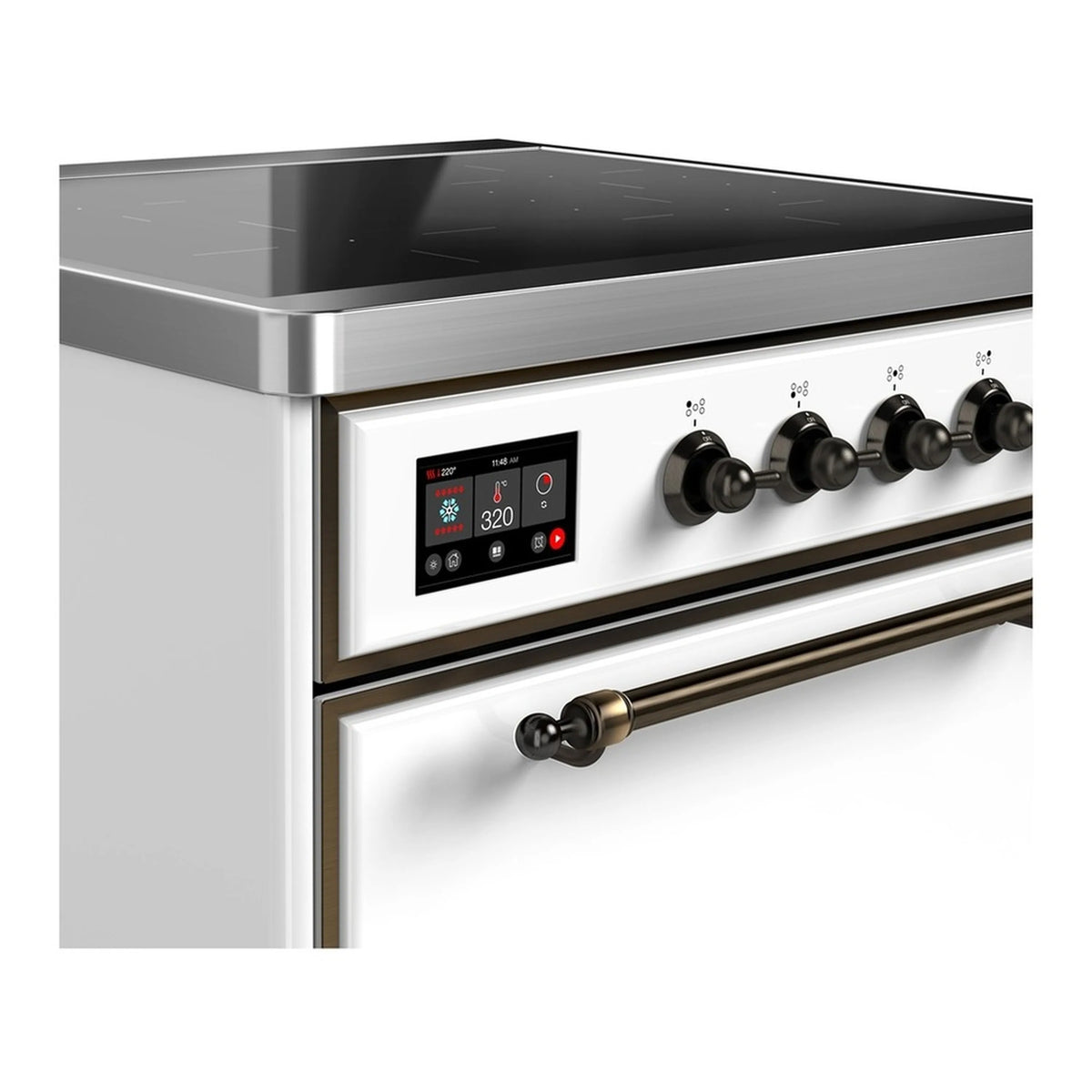 White induction range control panel with digital display and black burner control knobs