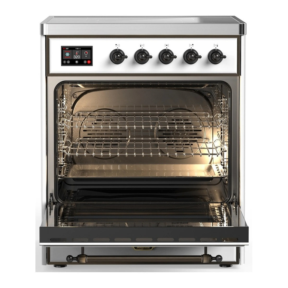 White electric oven with open door, wire rack shelves, and visible oven interior