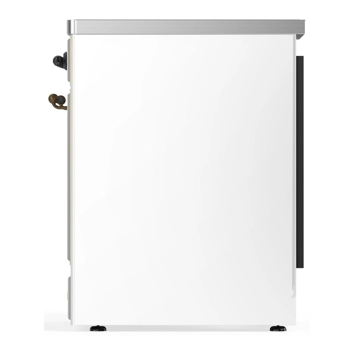 White solid oven door with bronze handle and black side trim details