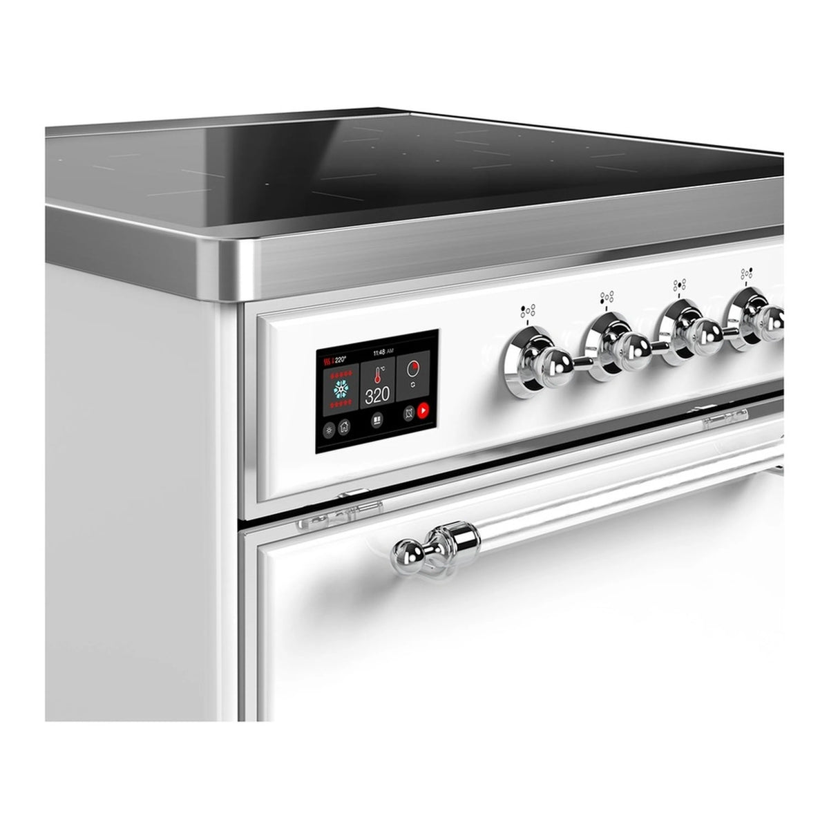 White induction range control panel with digital display and chrome burner knobs