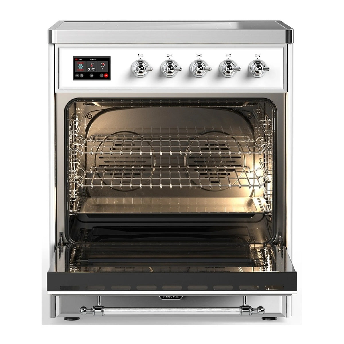 Open oven door of a white induction range, showing wire racks and interior light