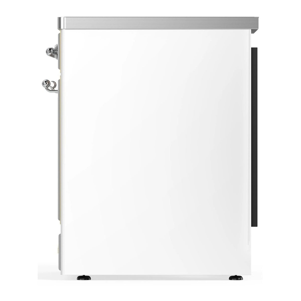 White solid oven door with chrome handle and side trim on an induction range