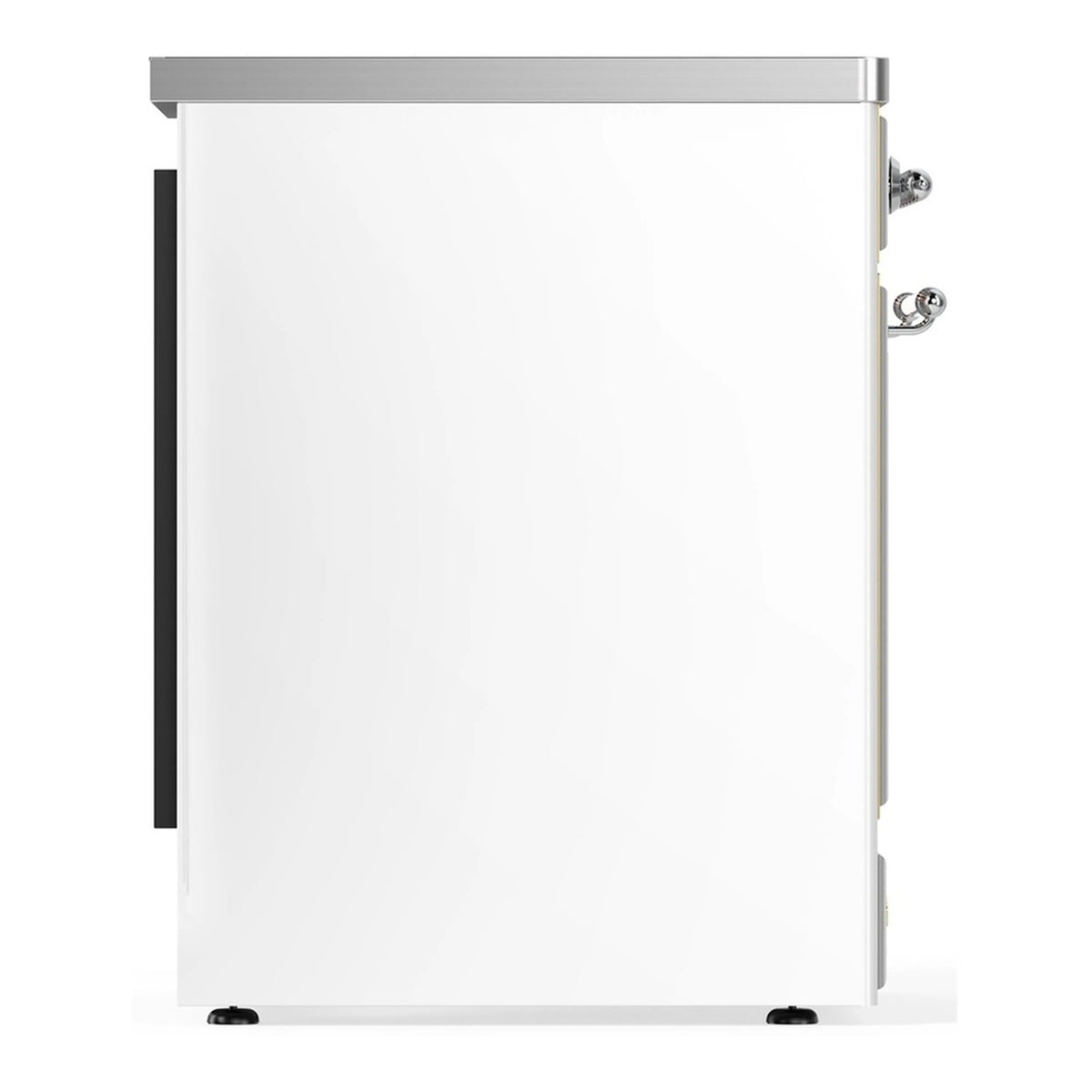 White oven door with chrome side handle and trim for an induction range