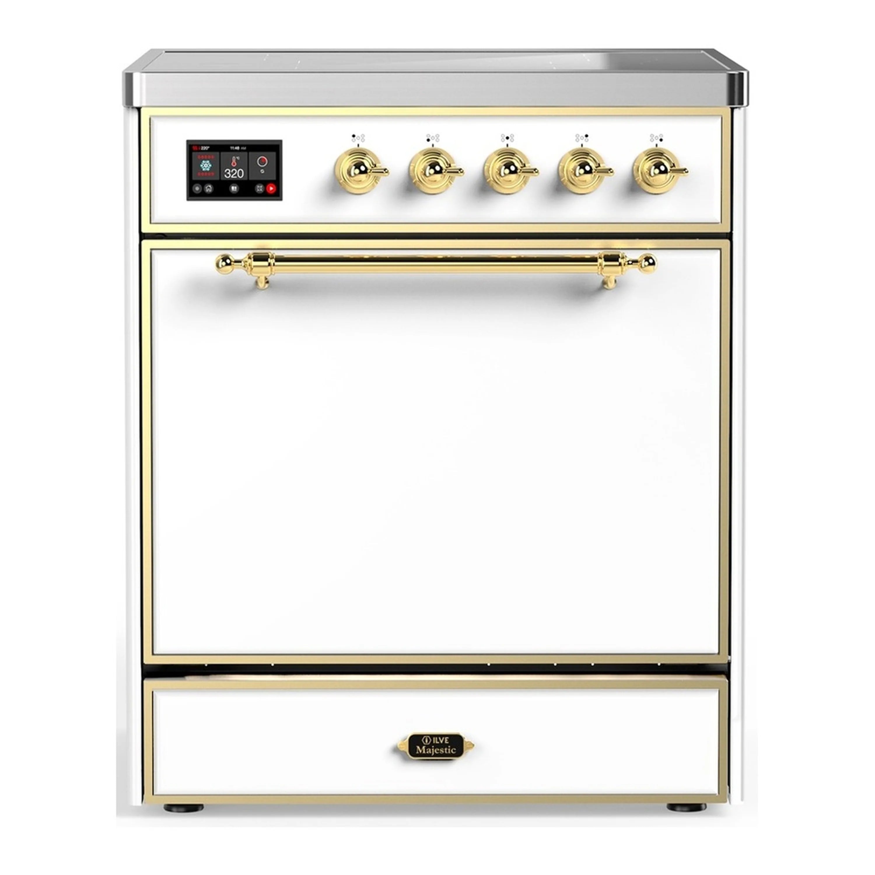 White induction range with brass controls and black-glass cooktop, solid oven door