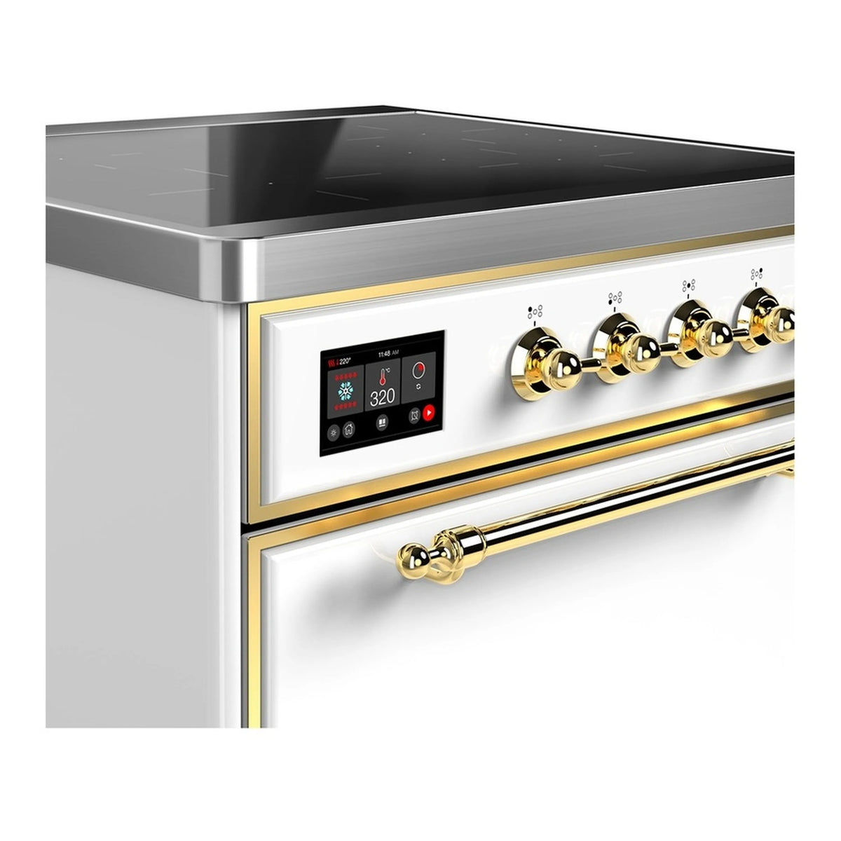 Brass-trimmed control panel with digital display and gold induction knobs on white range
