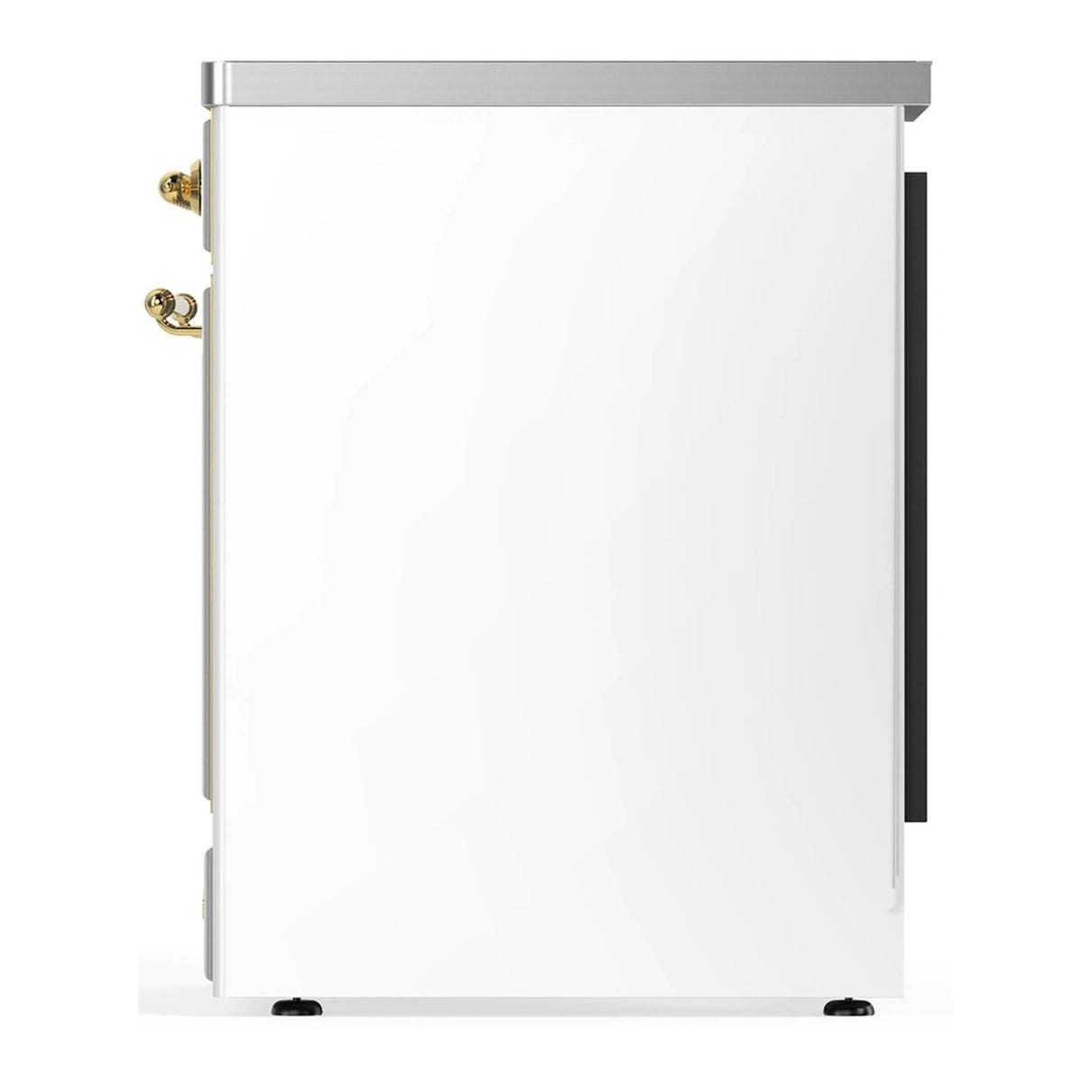 White oven door with brass handle and stainless trim