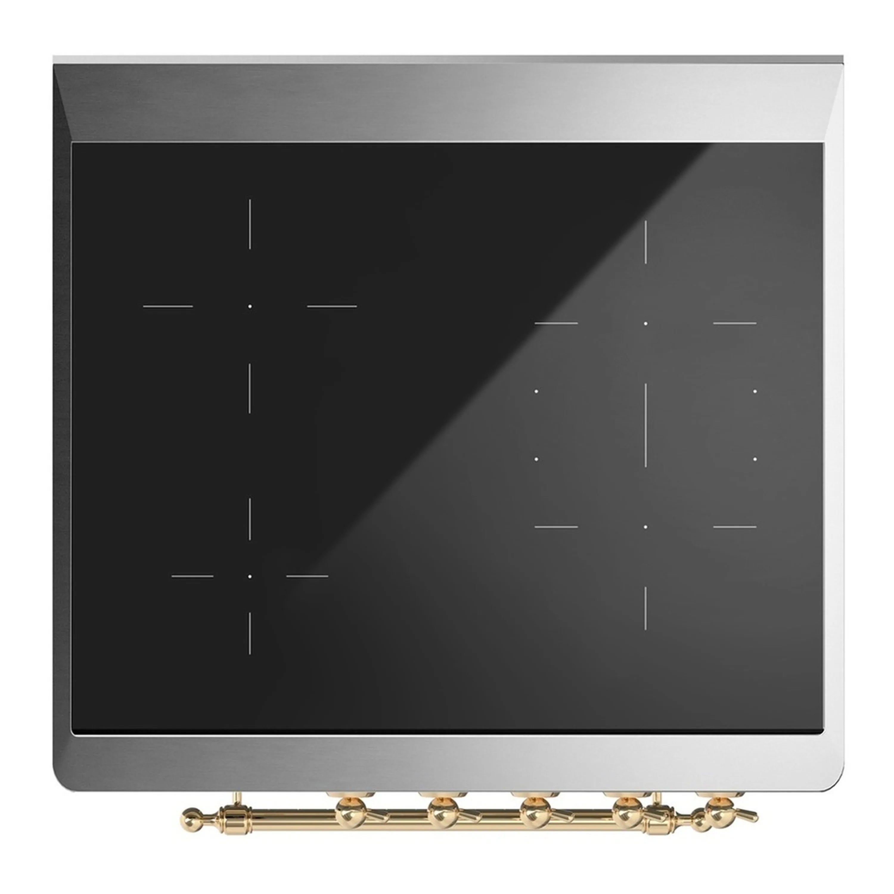 Black induction cooktop glass with brass control bar on white range