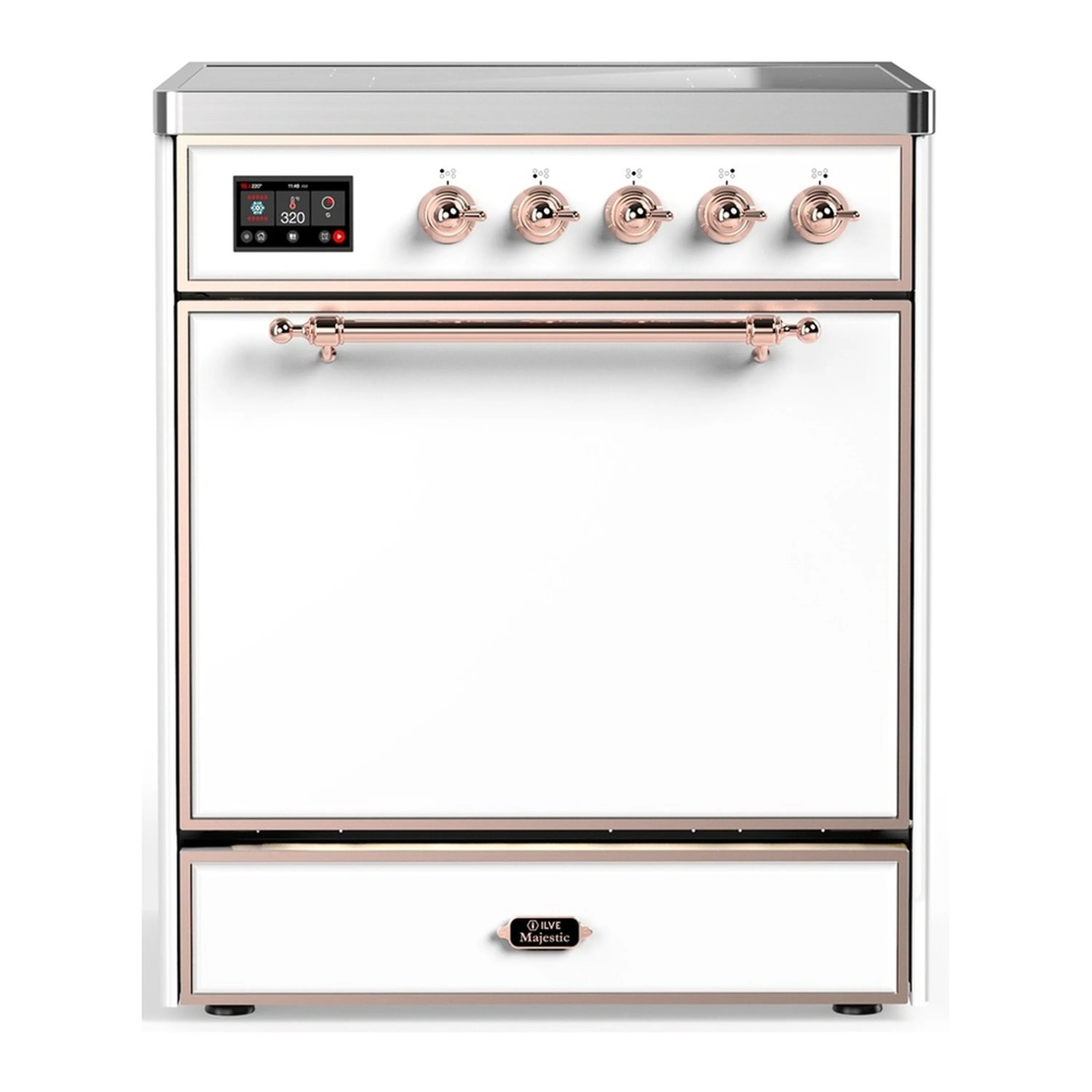 30-inch induction range with solid electric oven door, copper-trim control knobs in white