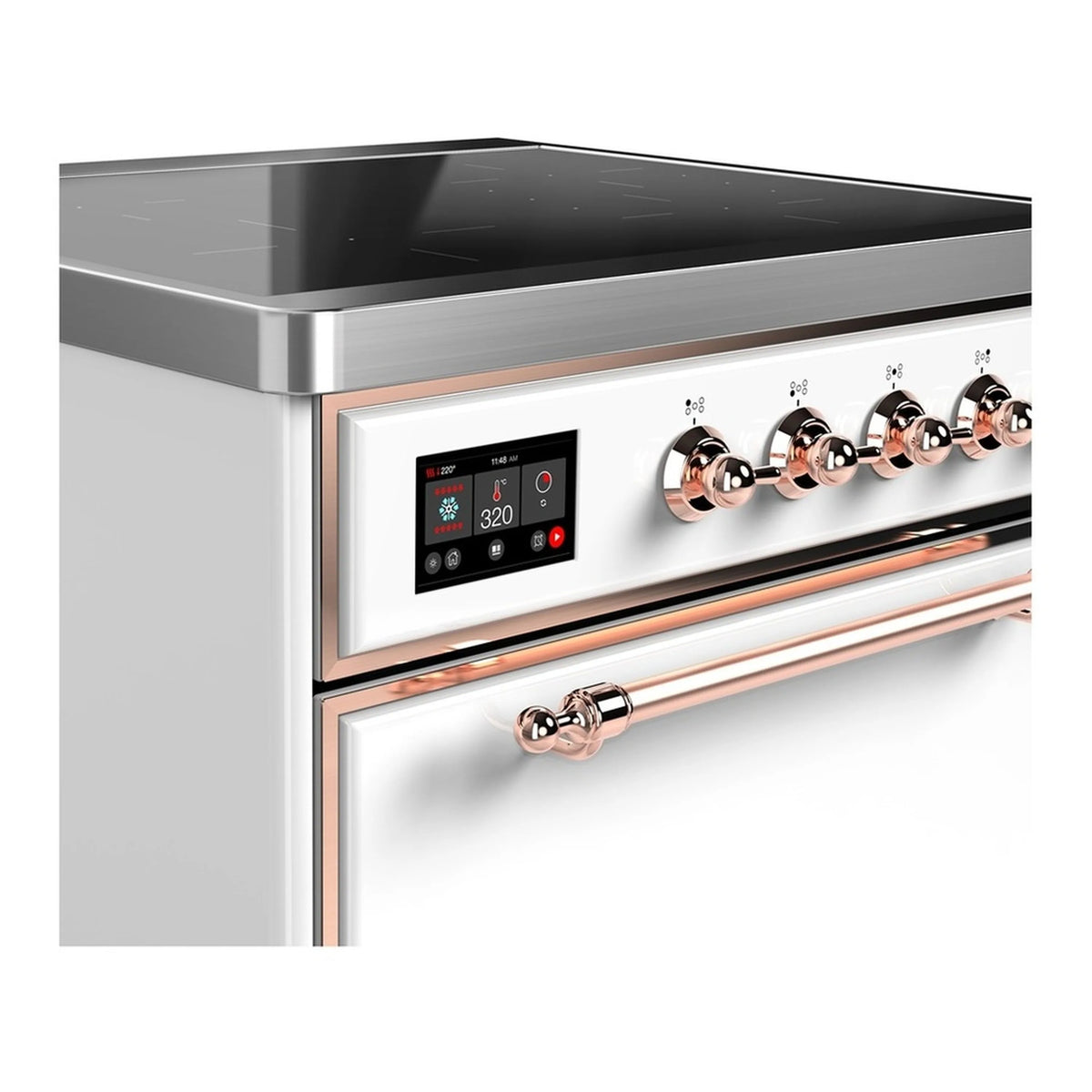 White induction range control panel with copper knobs and digital display, oven door below