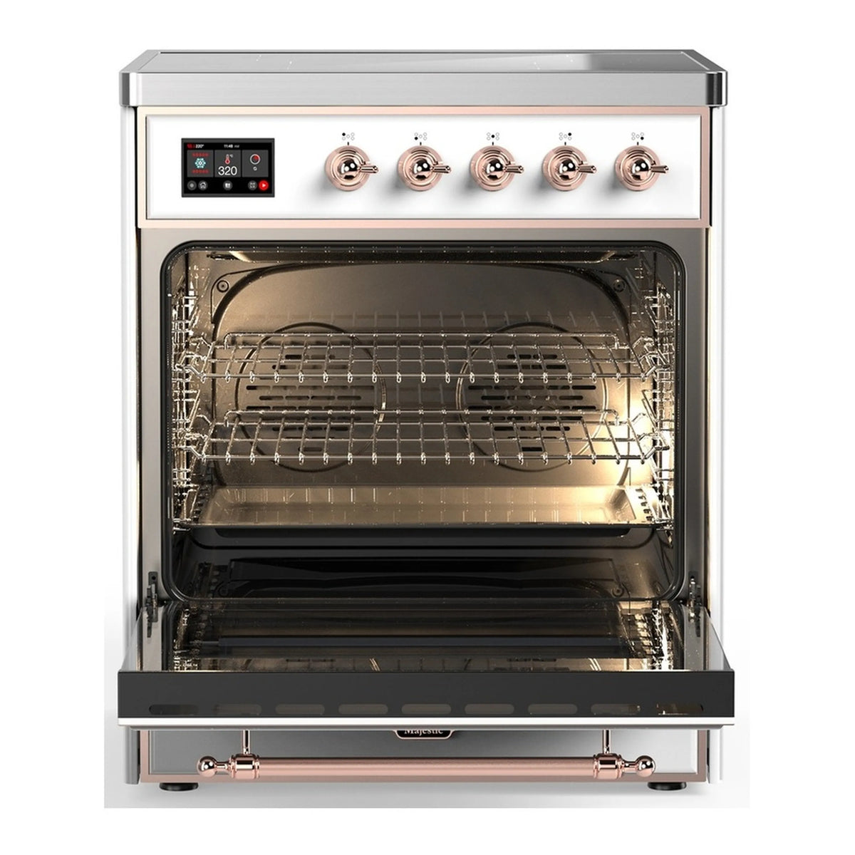 Induction range with oven door open, visible wire racks and copper-trim oven handle