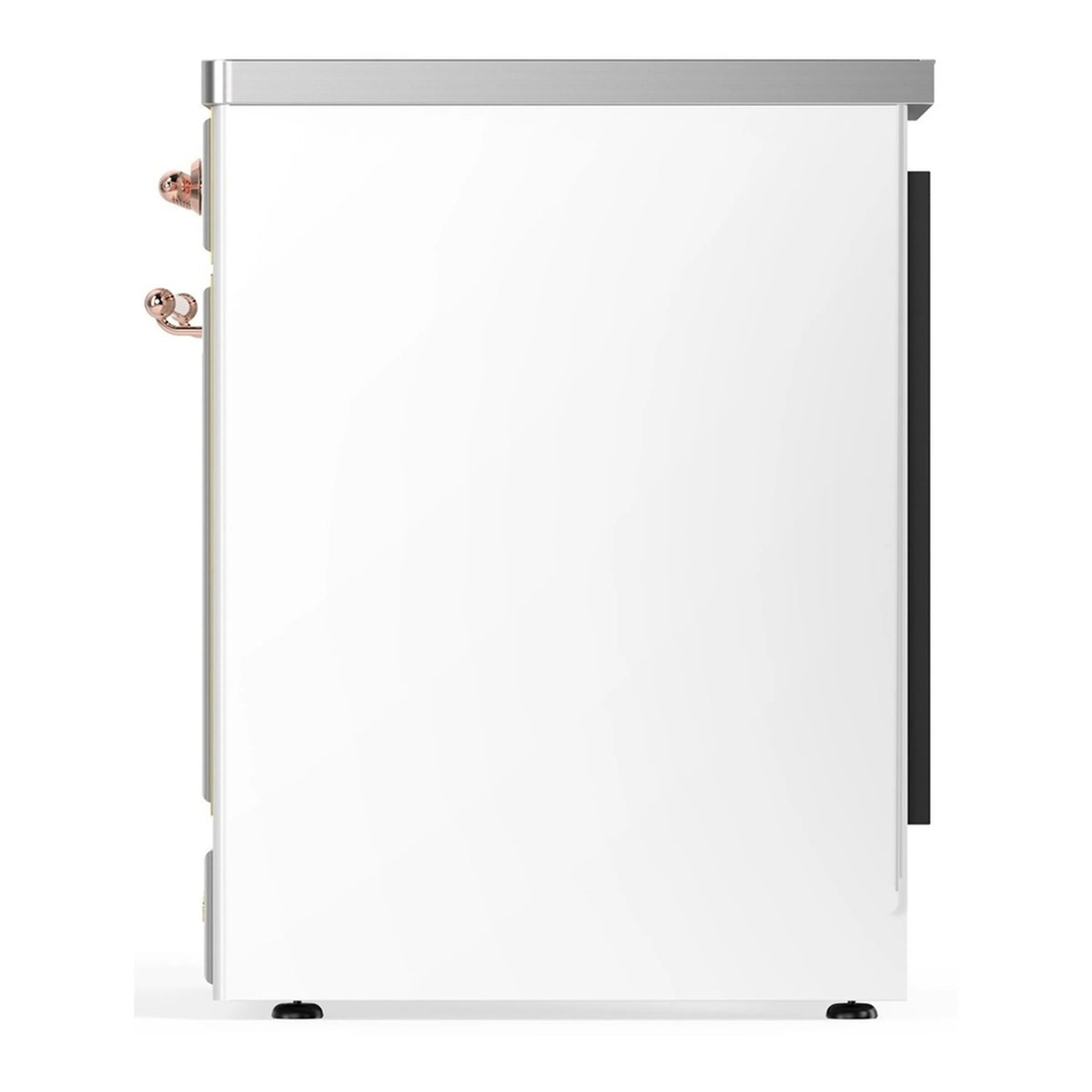 White oven door on induction range with copper side handle and brushed metal trim