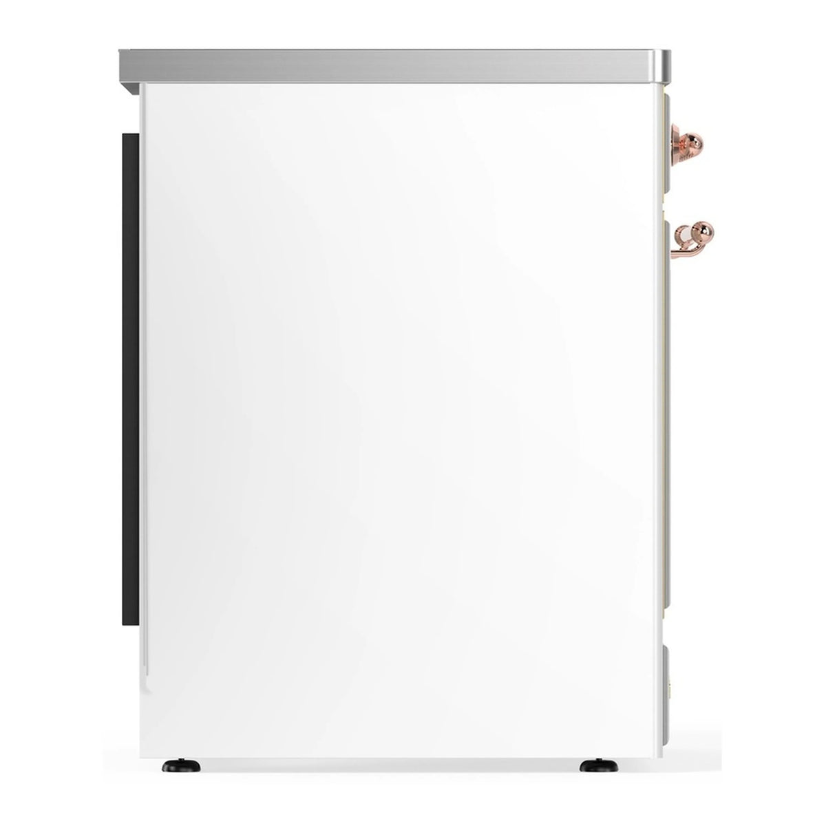 White oven door with copper side handle and brushed trim on induction range, black side accents