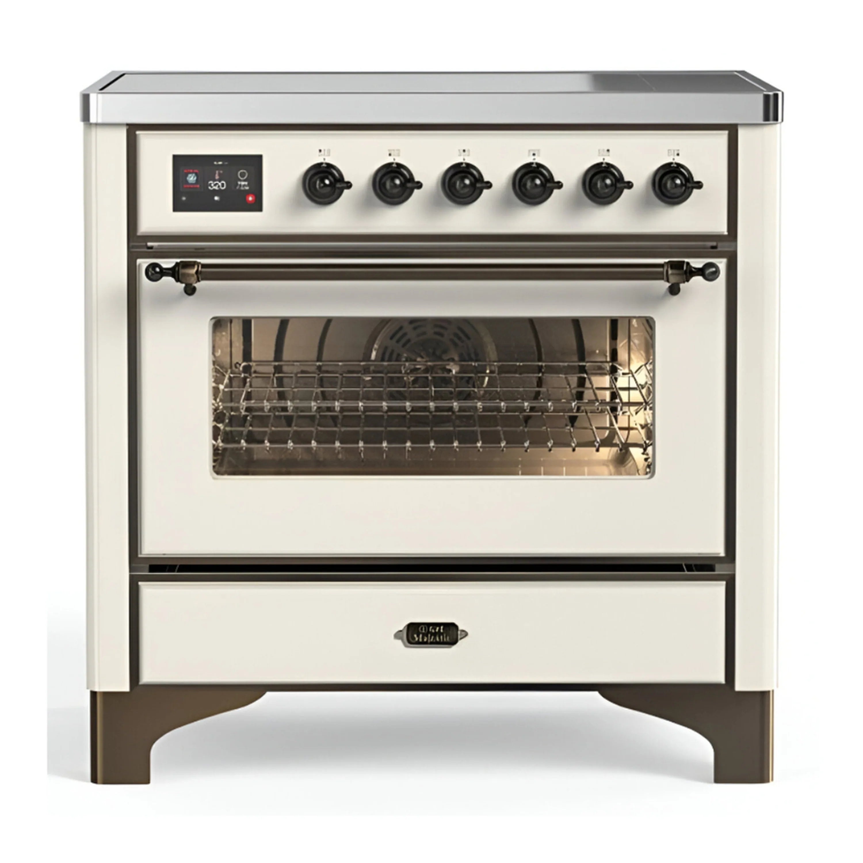 Antique white induction range with six burner controls and triple-glass oven door window