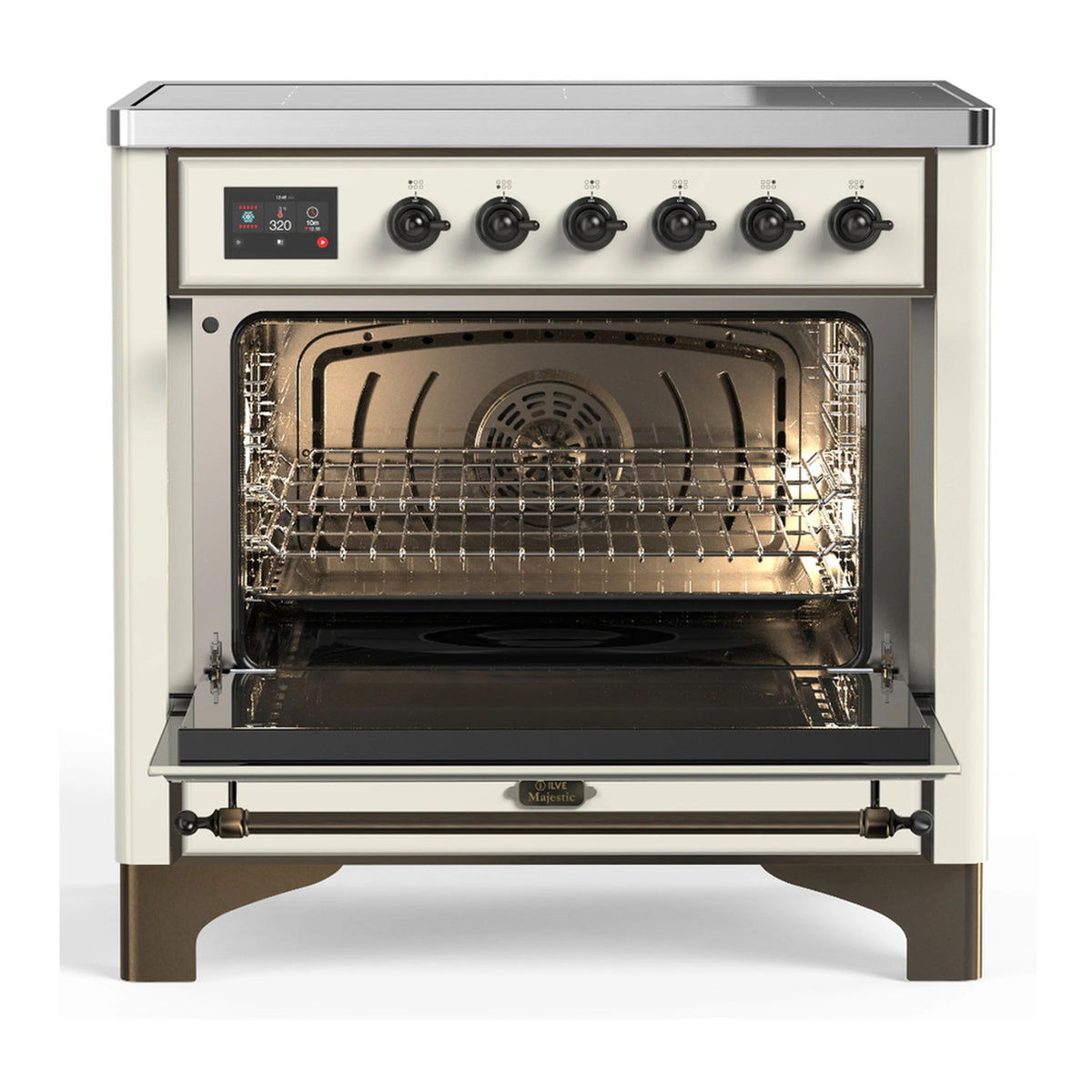 Antique white induction range with open oven door, rack and six induction burner controls