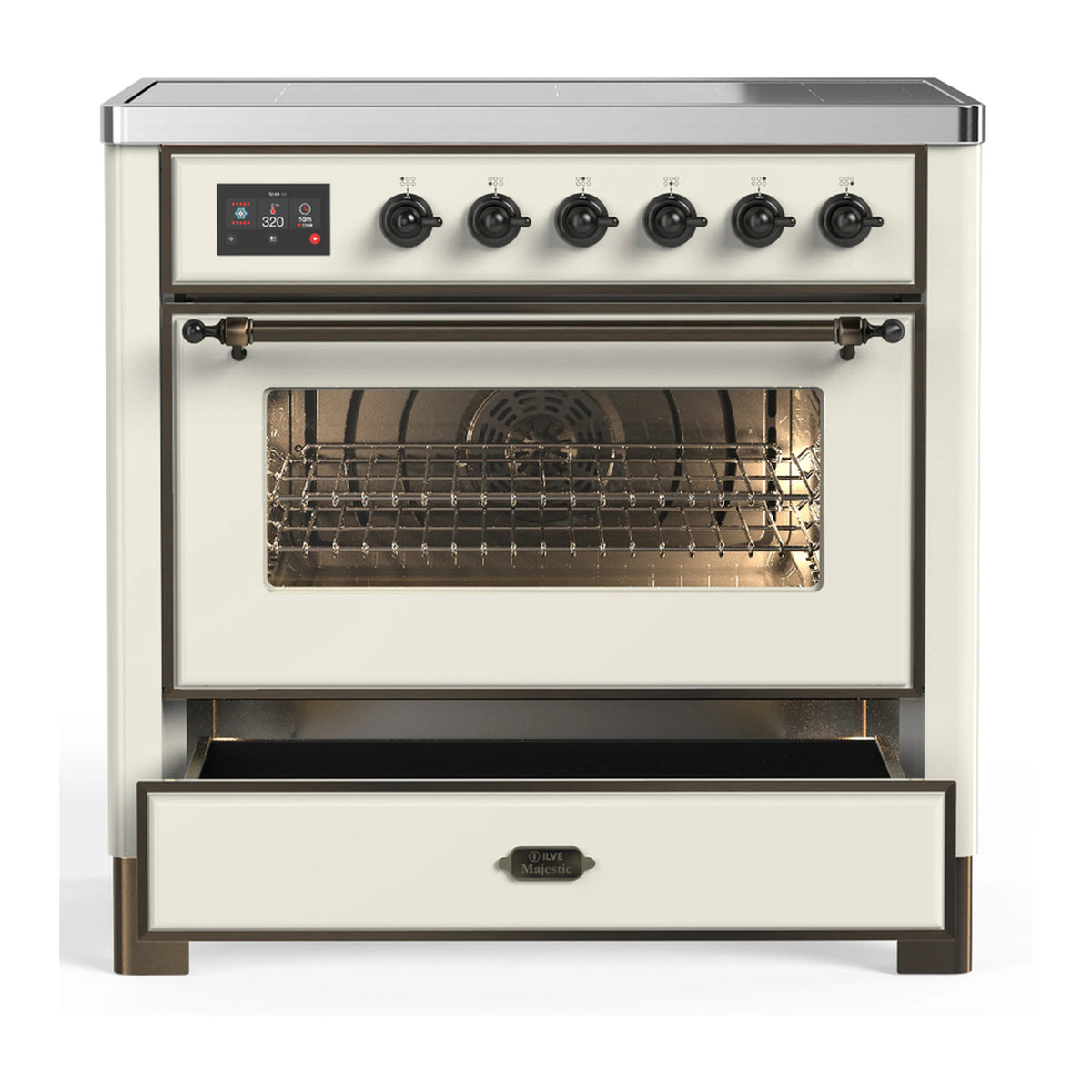 Antique white induction range with oven door window, six burner knobs, and storage drawer