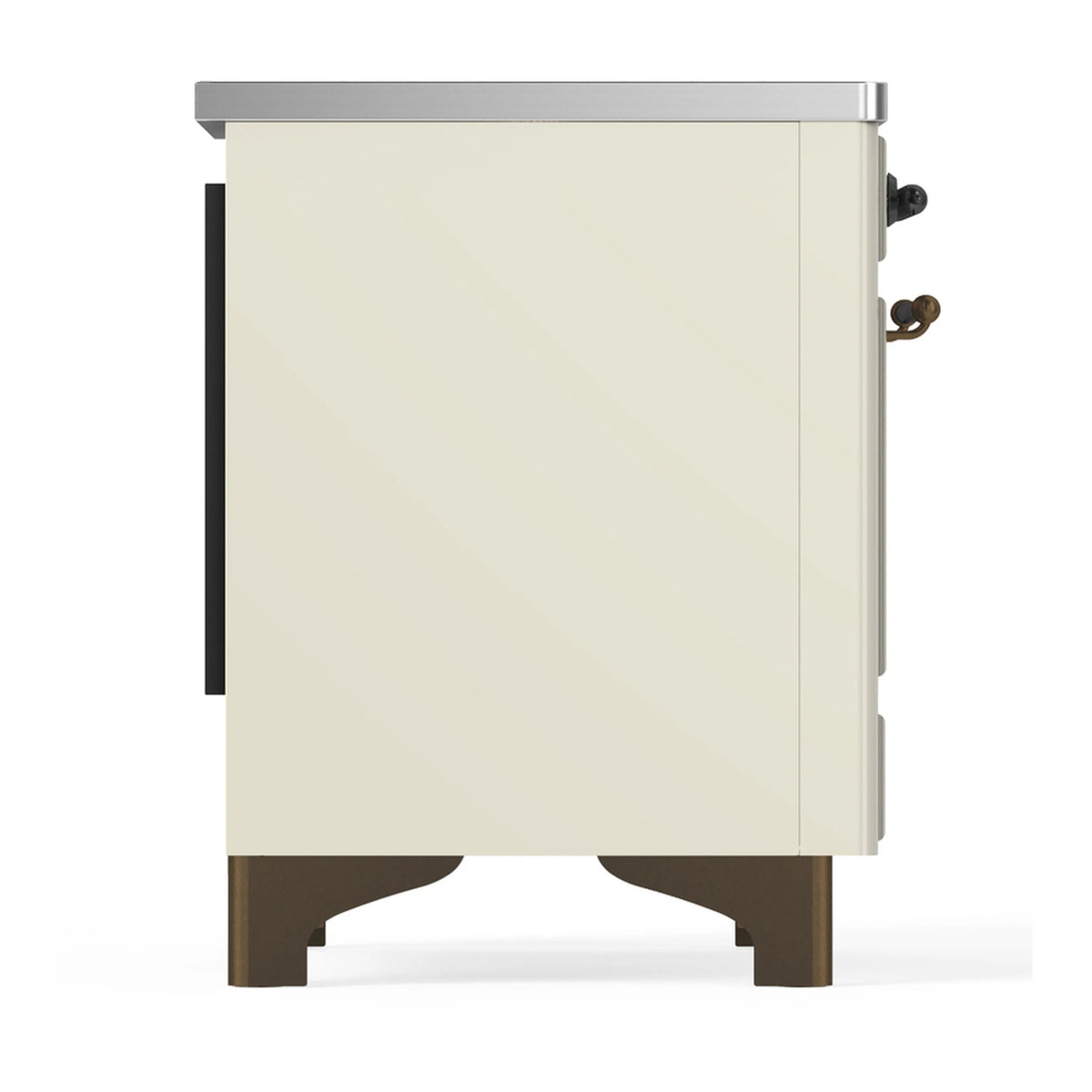 Antique white induction range side panel with black trim and bronze-toned feet