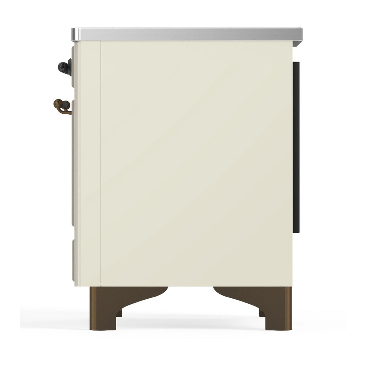 Antique white induction range side view with bronze-toned handles and black control areas