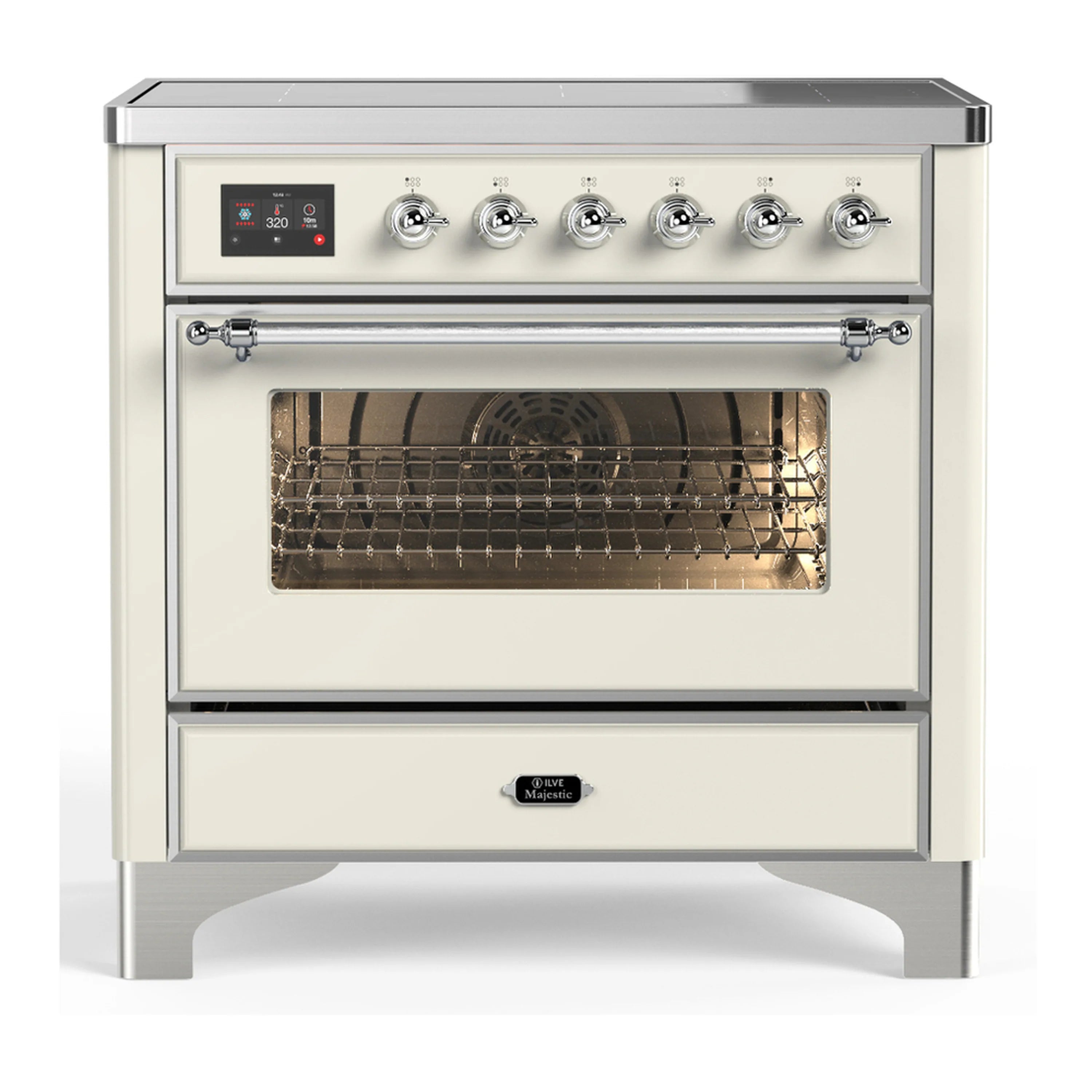 Antique white induction range with chrome trim and open oven door window