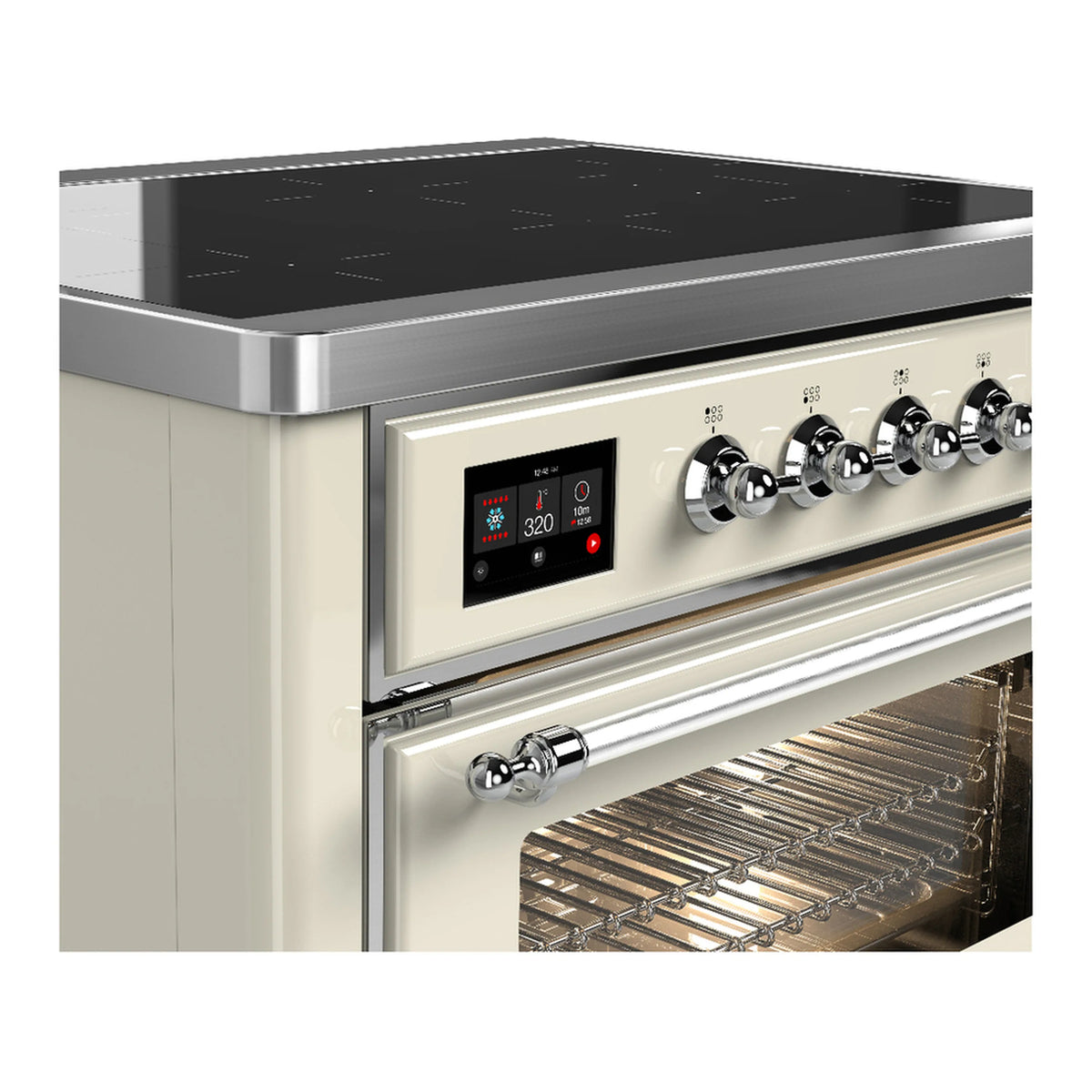 Antique white induction range front with control panel and chrome burner knobs