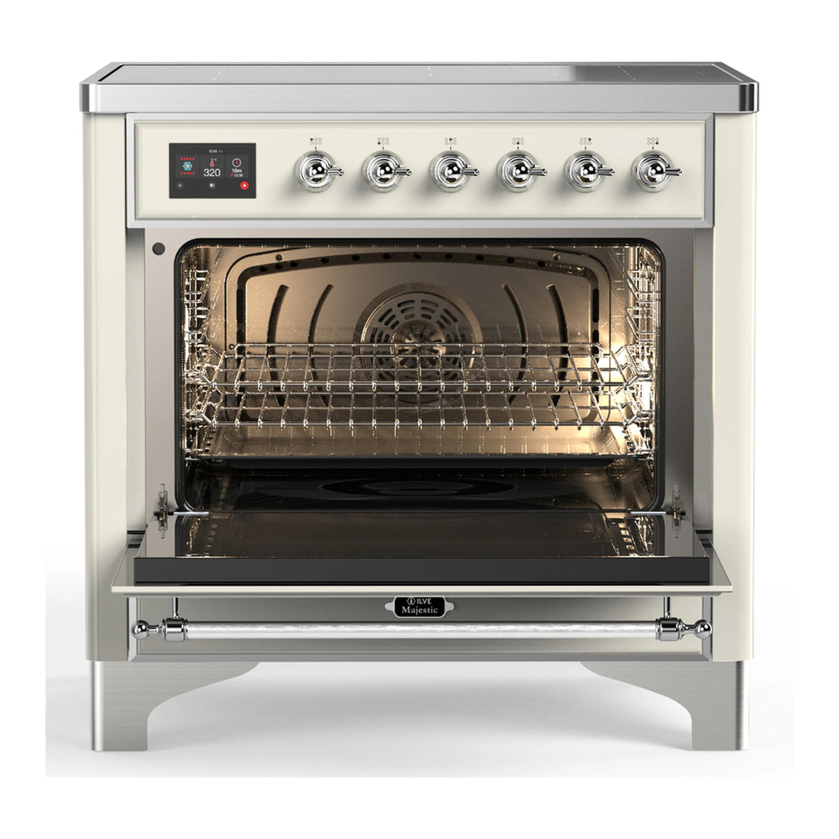 Antique white electric oven with triple glass door, racks, and chrome handle