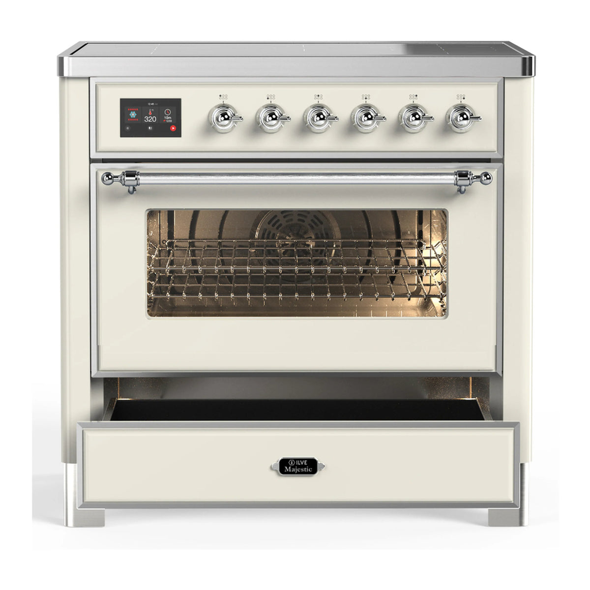 Antique white induction range with closed triple glass oven door and chrome handle