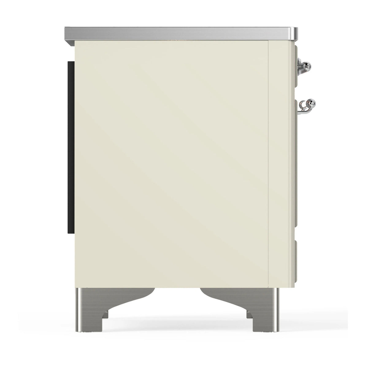 Antique white range side panel with chrome top trim and visible side handle
