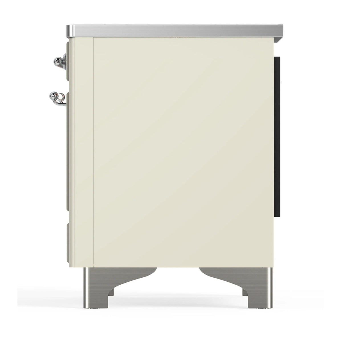 Antique white range side panel with chrome top trim and rear handle hardware