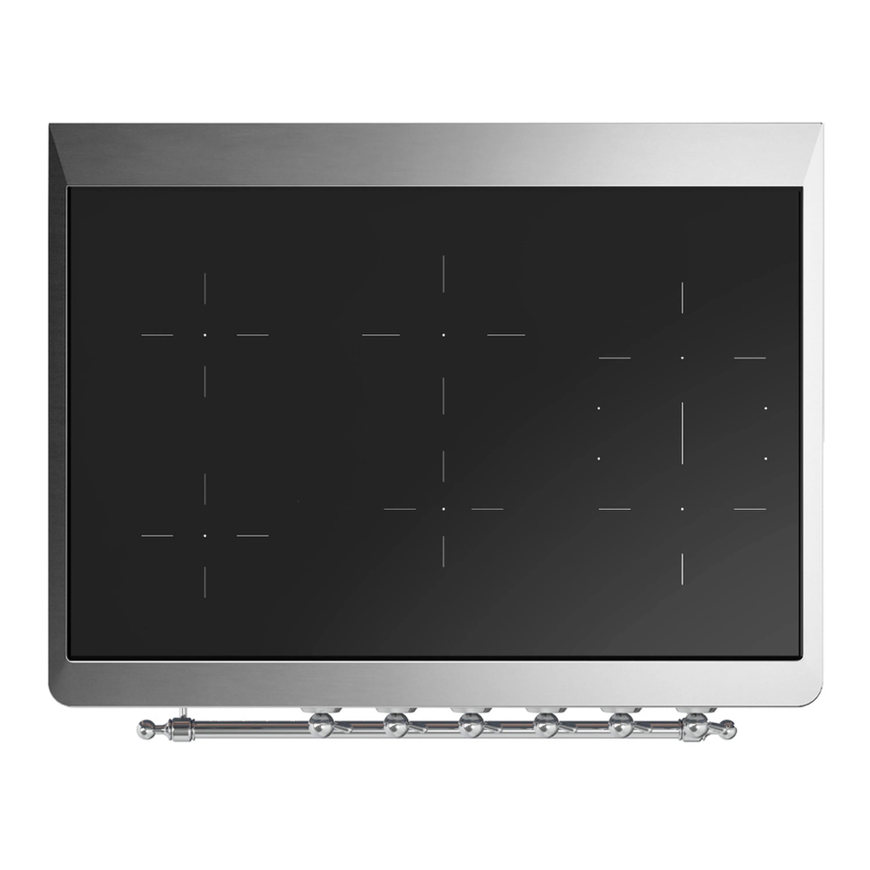 Black induction cooktop glass surface with chrome control rail and control knobs