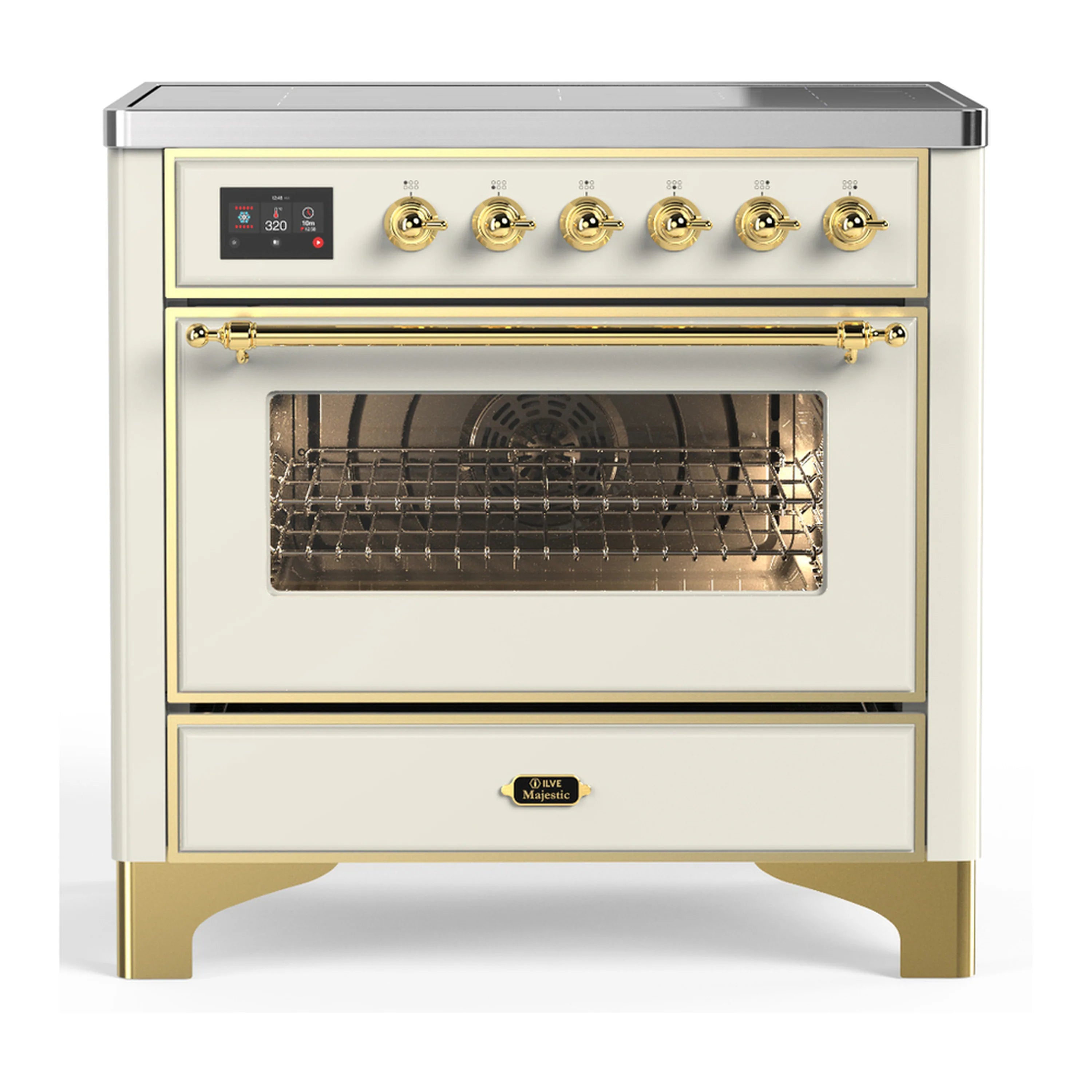 Antique white induction range with brass-trim oven door open, showing interior racks.