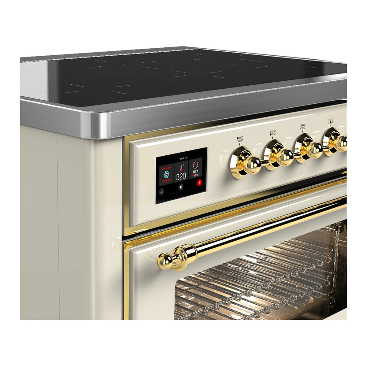 Antique white induction range control panel with brass knobs and open oven door.