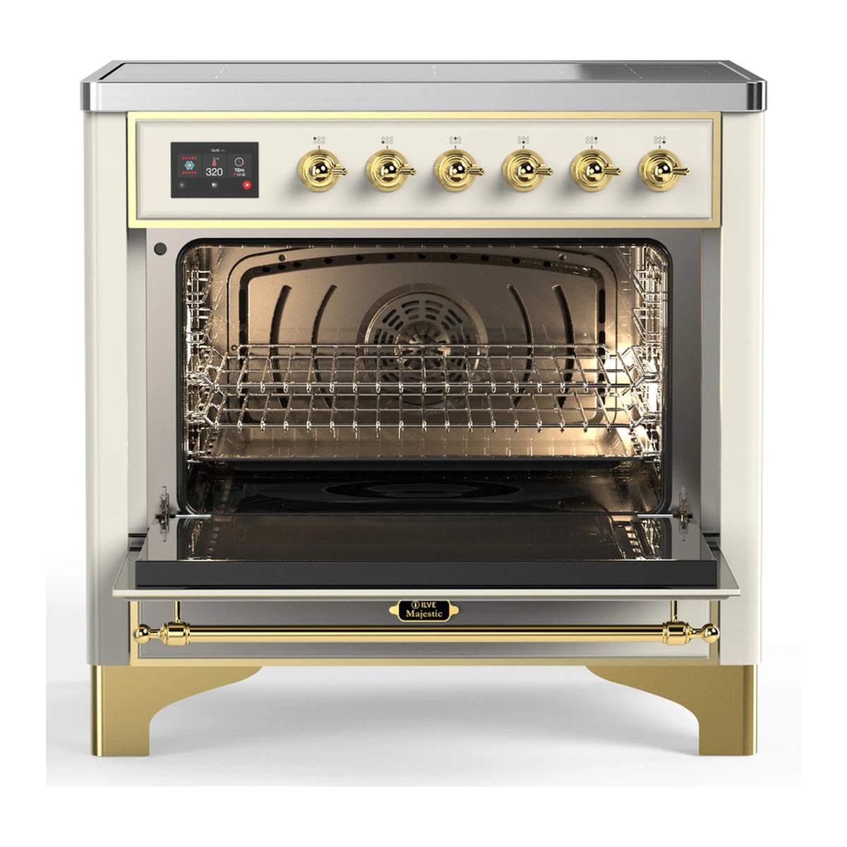Antique white induction range with triple-glass oven door open and interior racks visible.