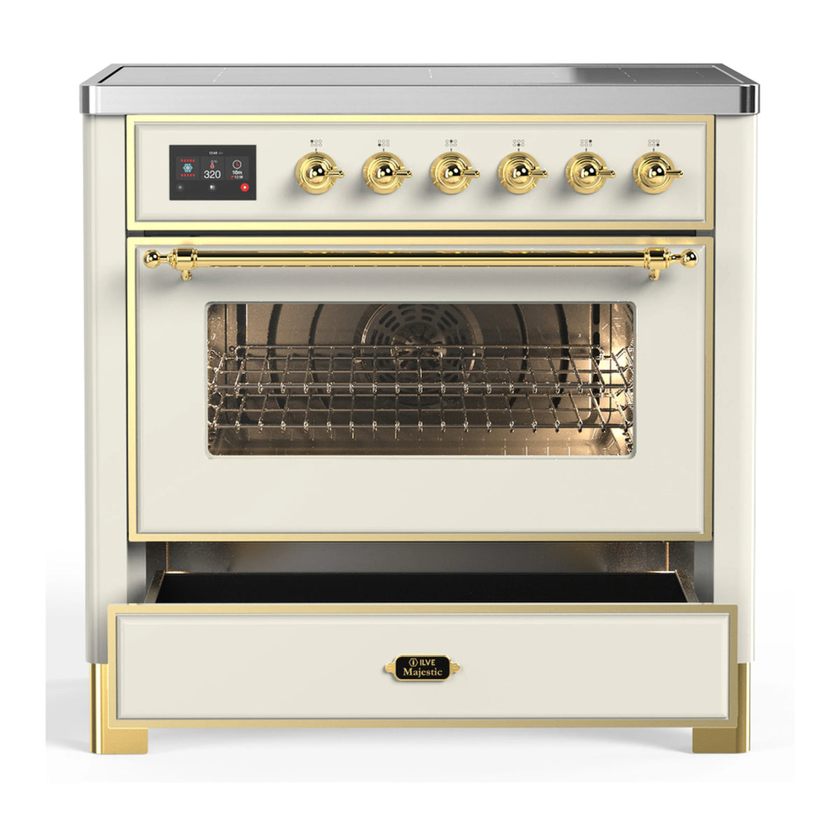 Antique white induction range with oven door open and brass handle, lower storage drawer closed.