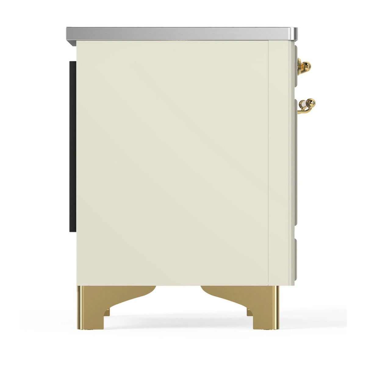 Antique white induction range side panel with gold/brass legs and trim.