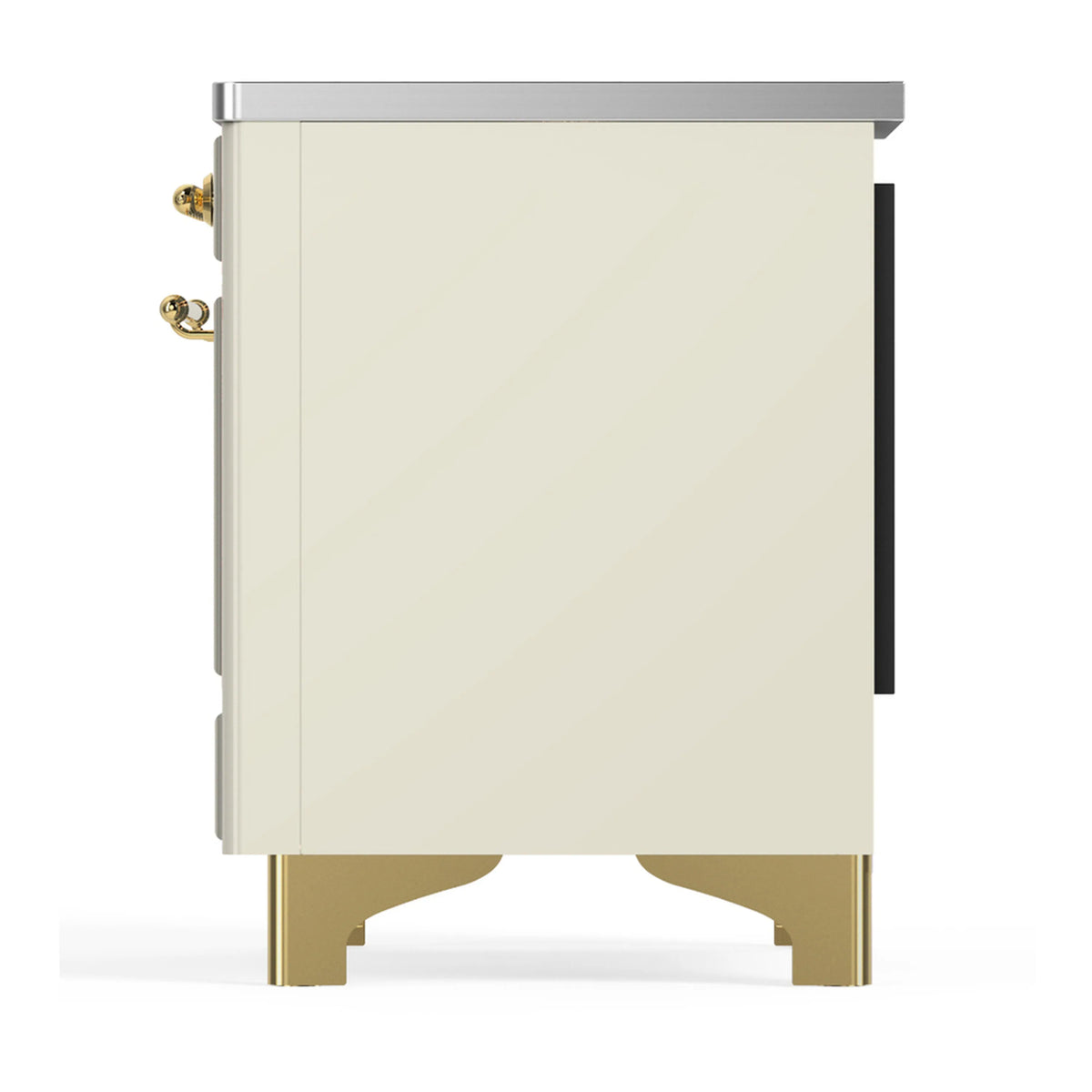Antique white induction range side panel with brass trim and side handles.