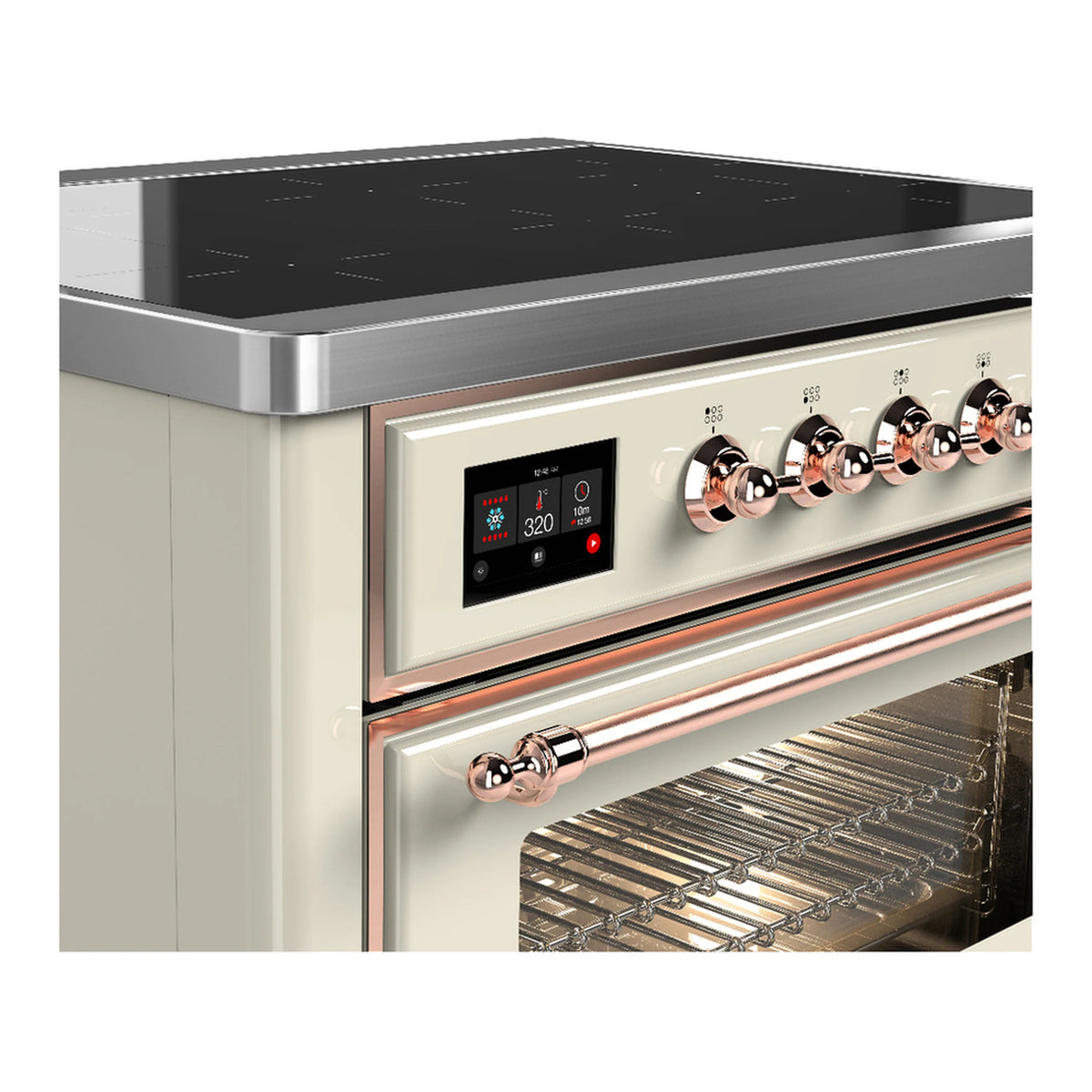 Antique white induction range side view with control panel and oven interior